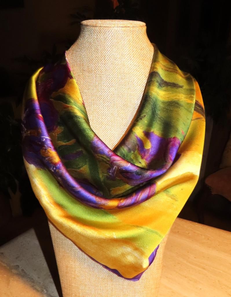 Square irises scarf; Van Gogh? purple gold brown green+ poly; NWT; 27×26.5 in.