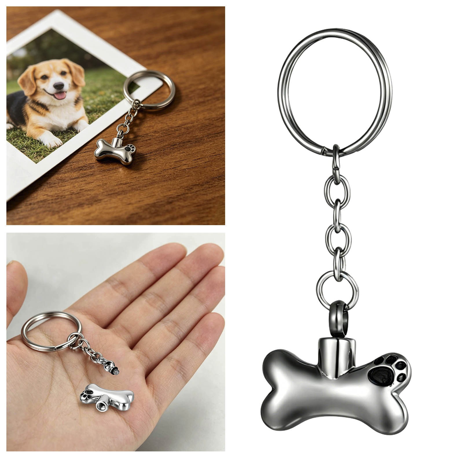 Dog Bone Shaped Pet Urn Keychain Stainless Steel Paw Print Ashes Holder for Pets