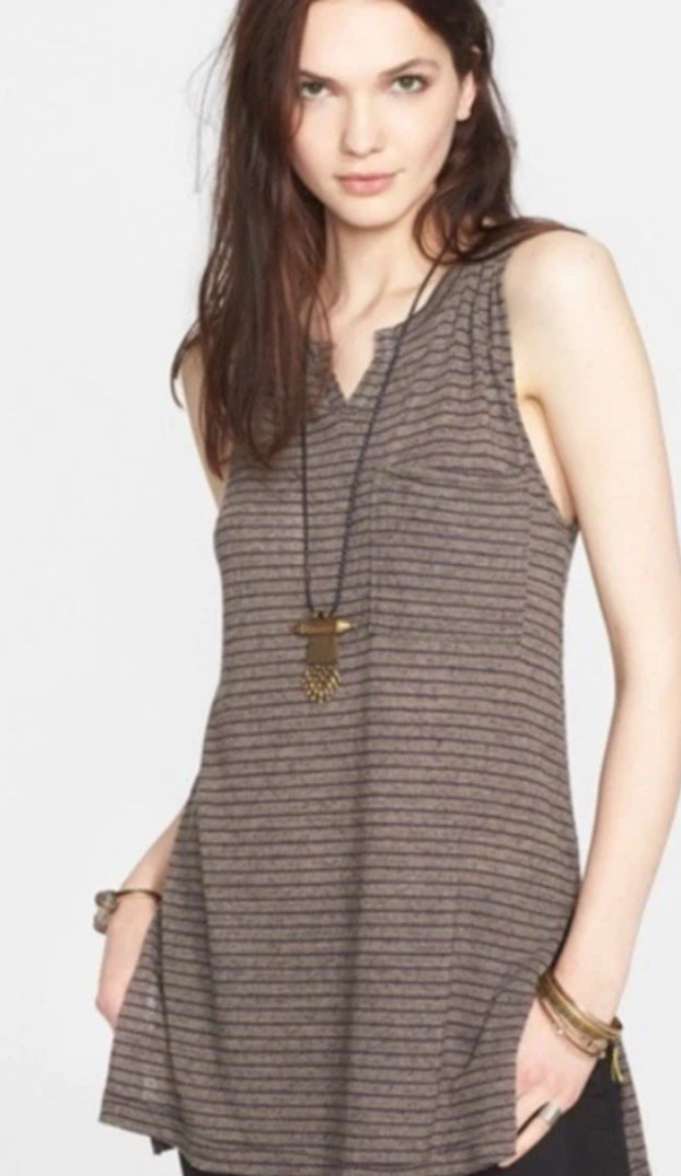 Free People We the Free Weekend Warrior Tank-Gray/Purple Stripe-Linen Blend-M
