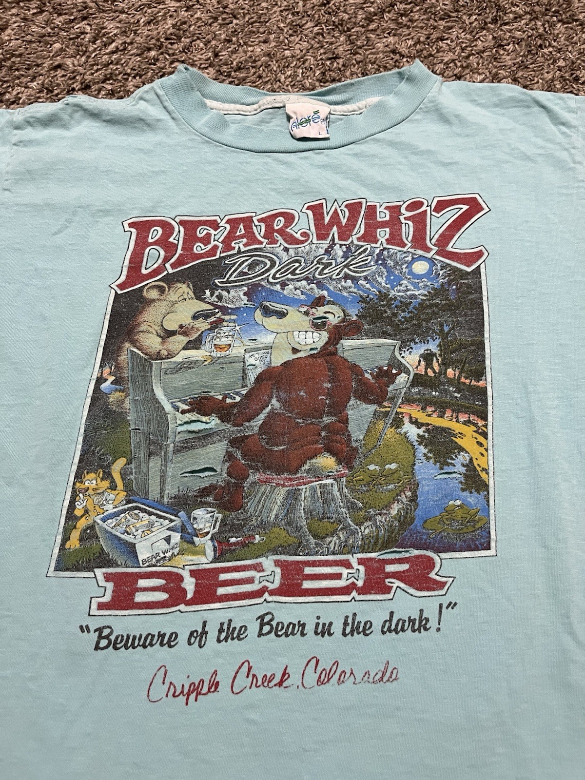 Vintage 80’s Single Stitch Bear Whiz Beer Humor Promo Blue T Shirt Size Large