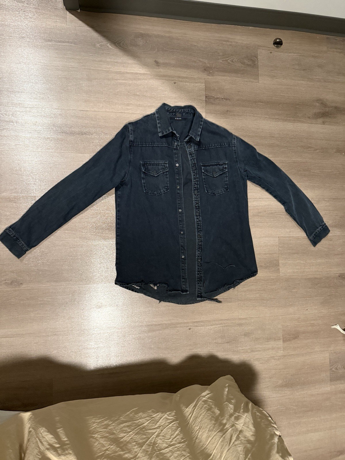 Ksubi Distressed Denim Snap Button Overshirt Washed Black Raw Hem Size M