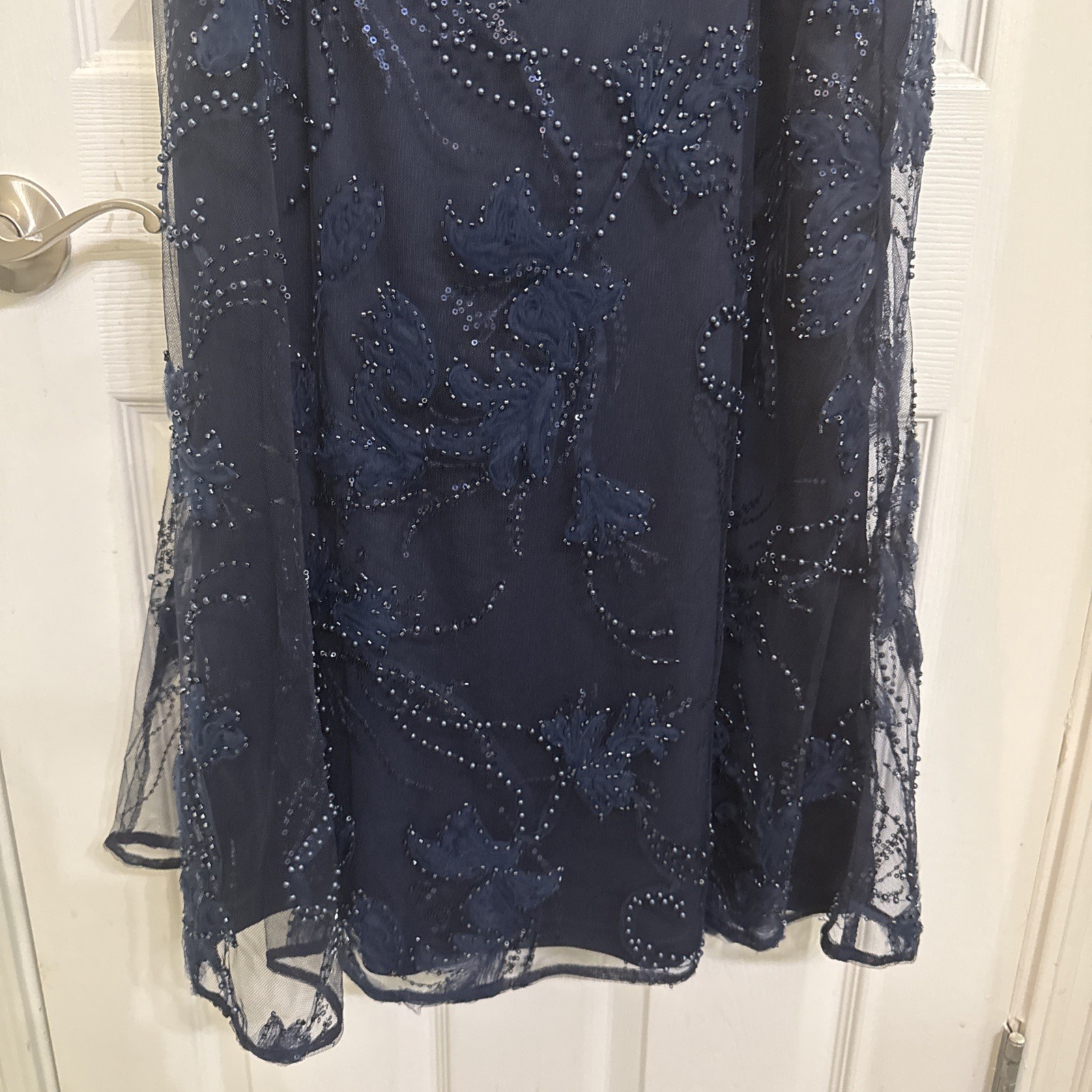 NWT J&S Collection Gemma Off Shoulder Navy beaded Cocktail Gown Dress