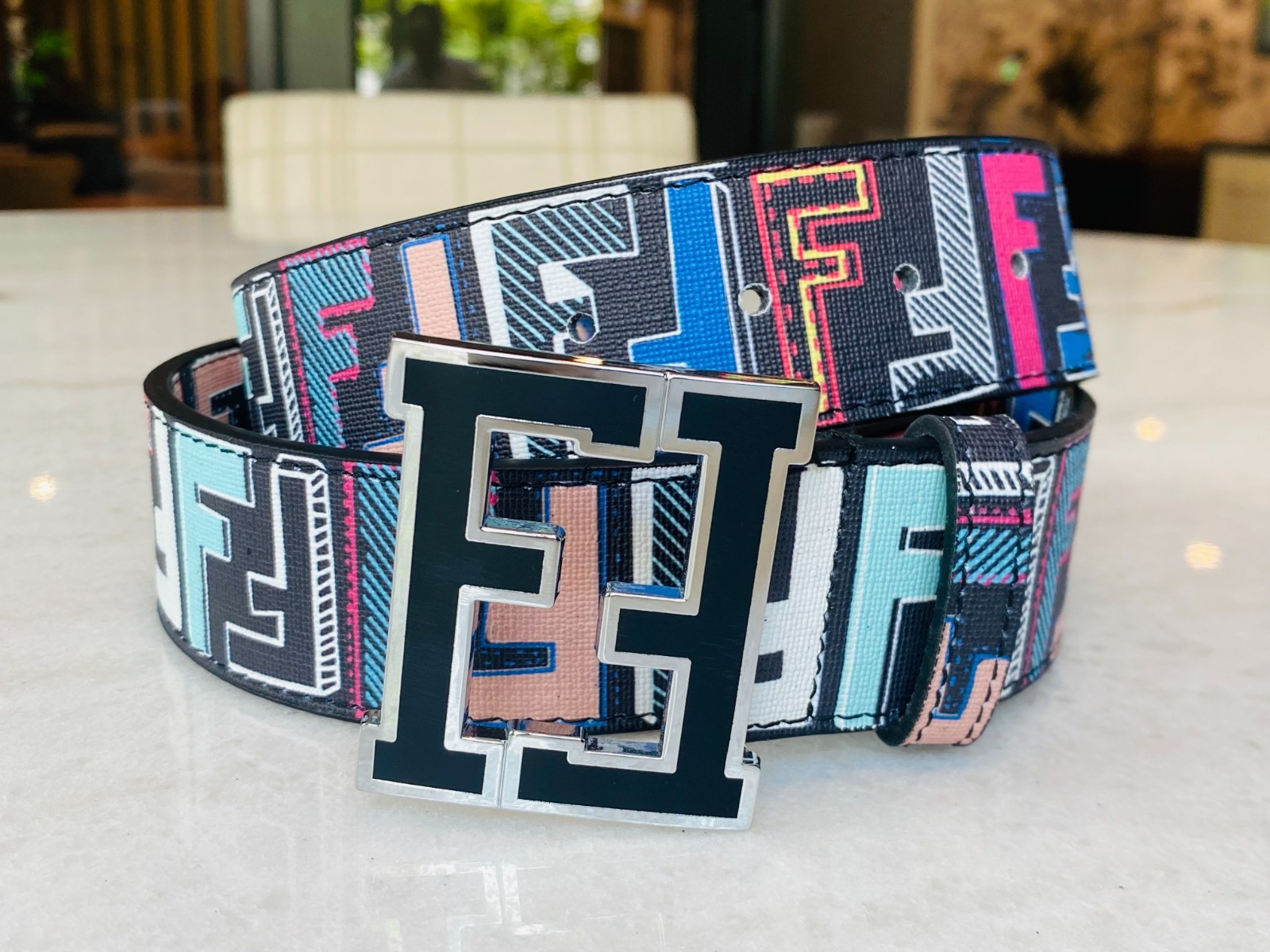 Fendi Belt Black Multicolor FF Monogram Strap FF Buckle size 32-36