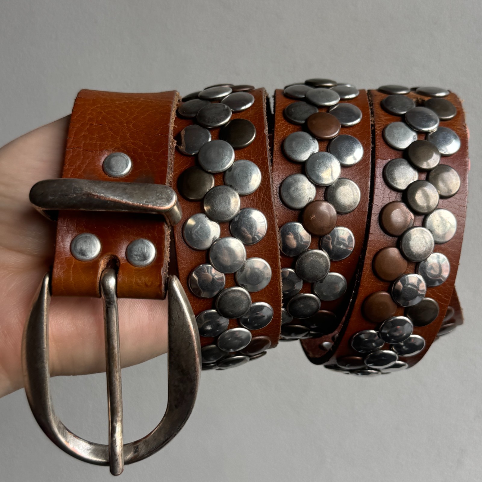 Studded Leather Belt Brown Punk Rock Y2K Western Distressed Statement Accessory