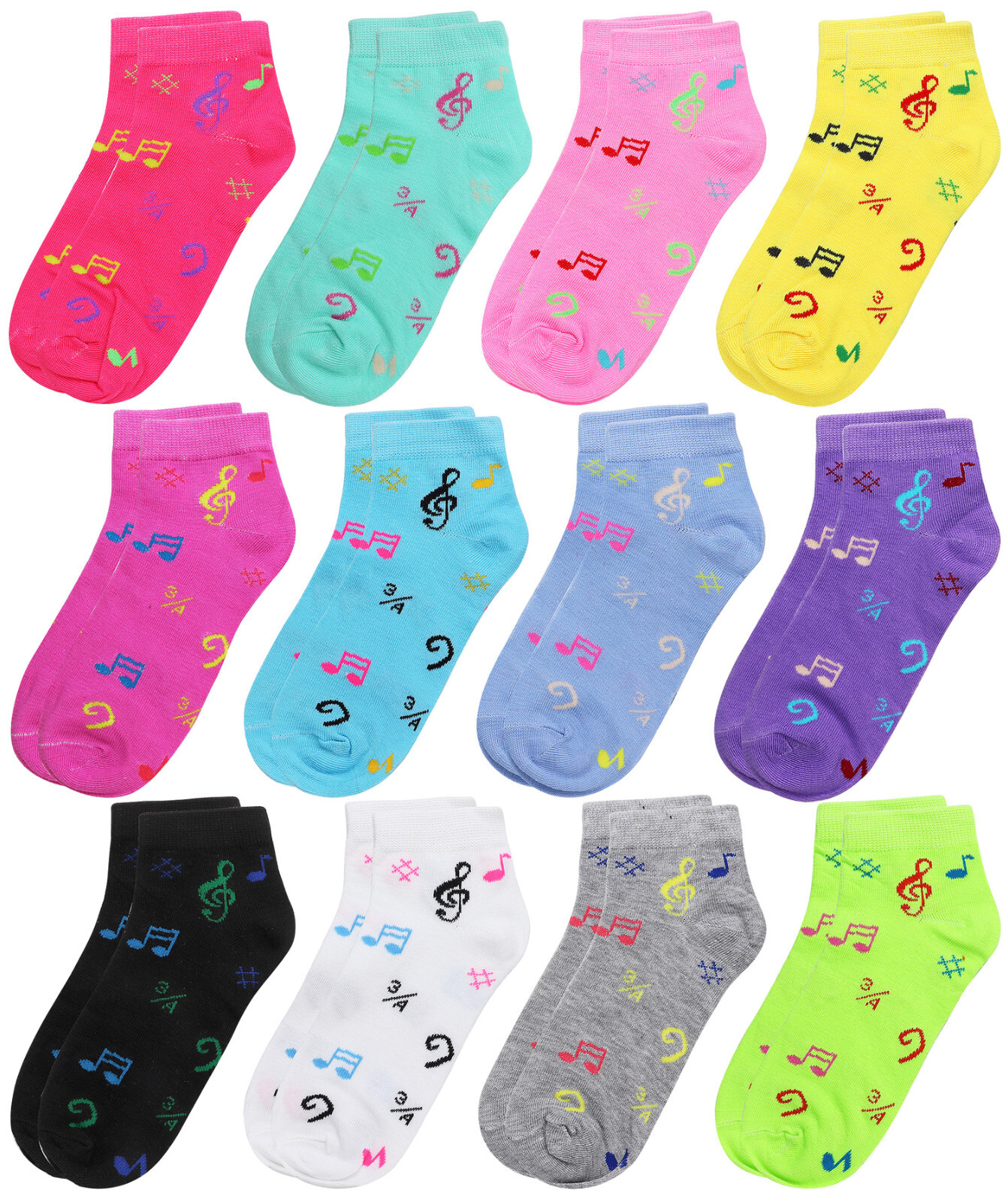 12 Pair Assorted Color Music Notes Pattern Women Athletic Sport Ankle Socks 9-11