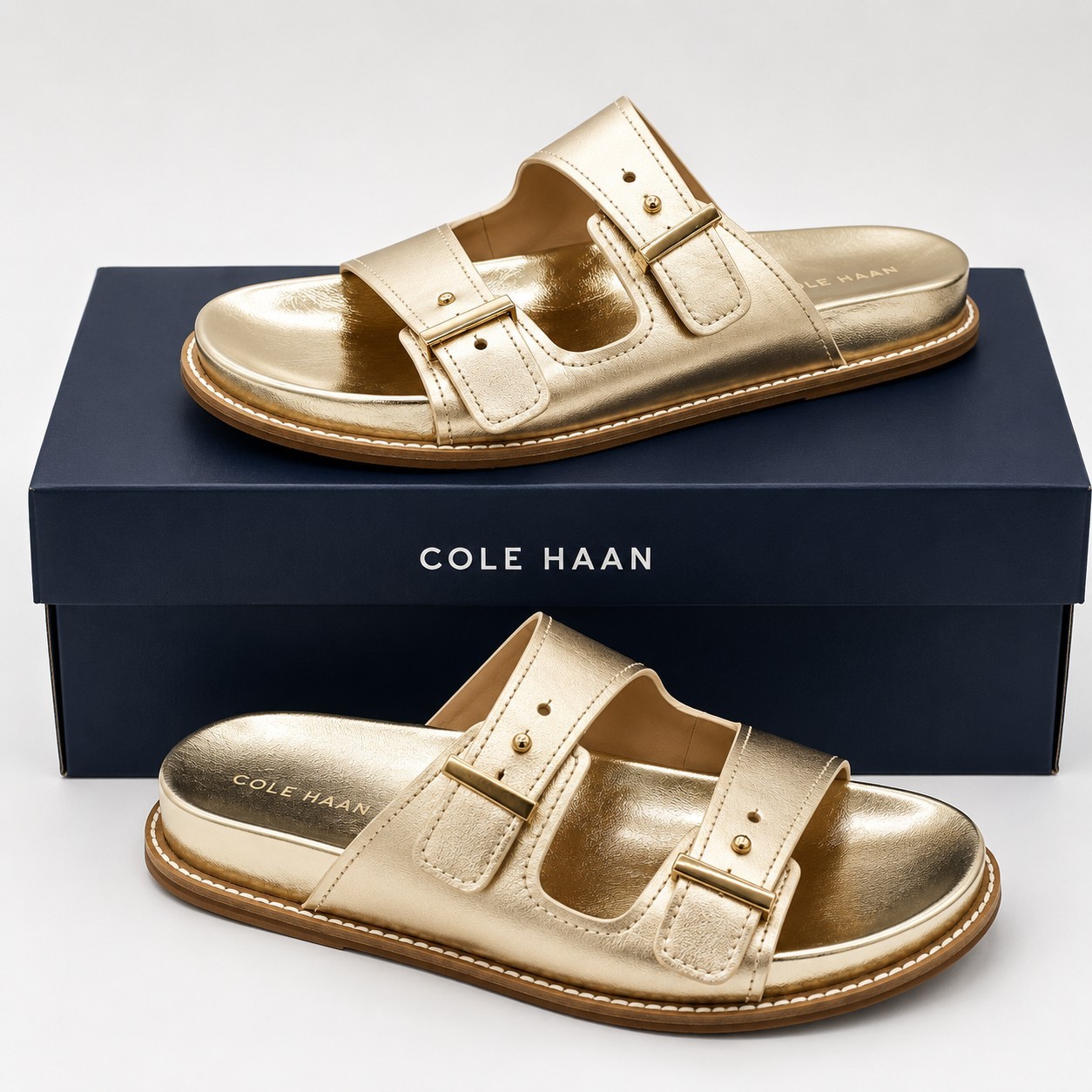 Cole Haan “Marisol” Women’s Leather Adjustable Double Banded Sandals – Soft Gold