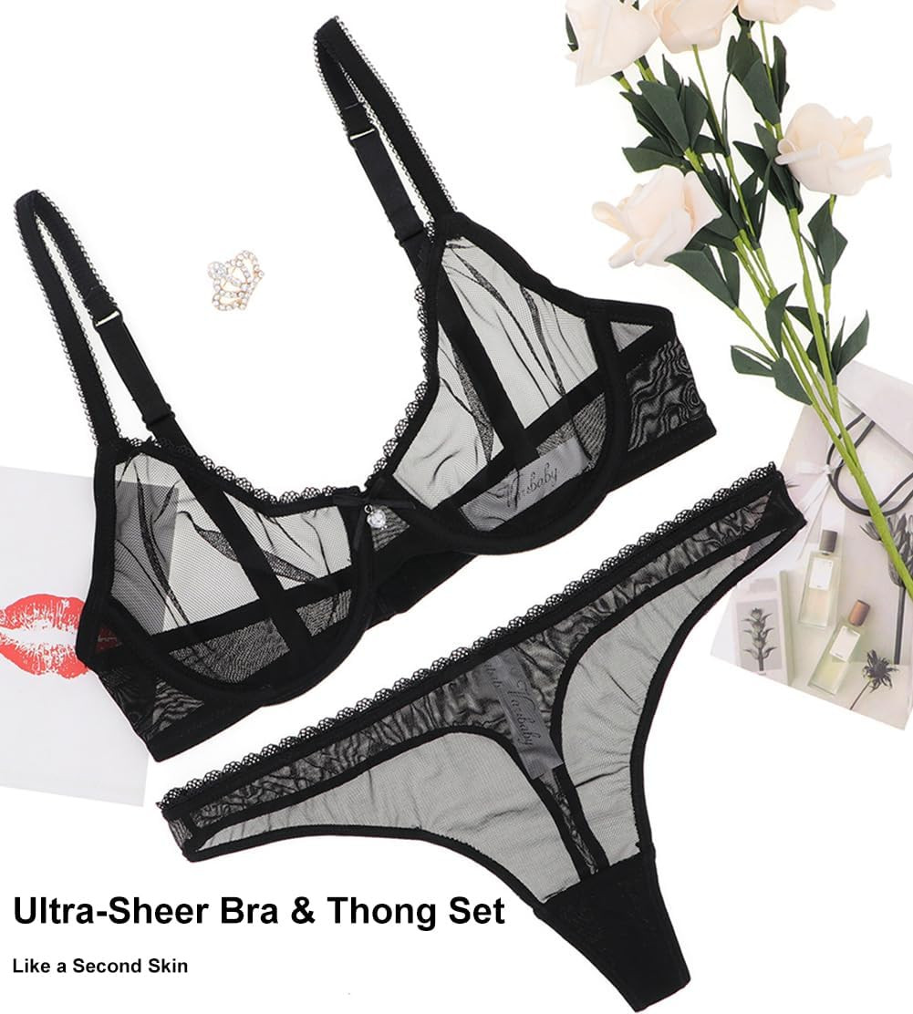 Women’S See through Sheer Mesh Unlined Underwire Everyday Bra and Panties