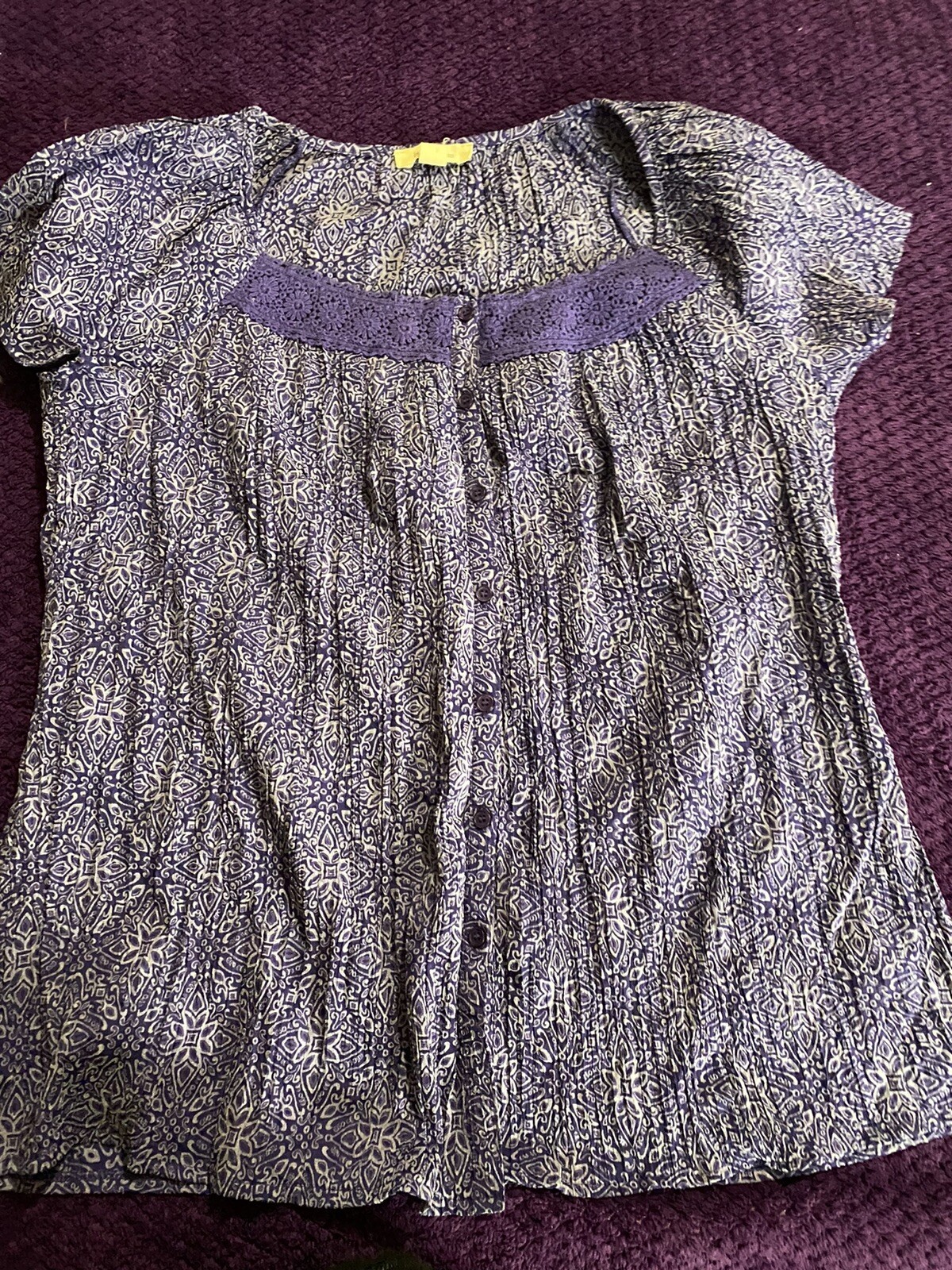 Brina &em Womens Shirt Blouse Top Size XL Purple Button Up Lace Trim. Pre-owned