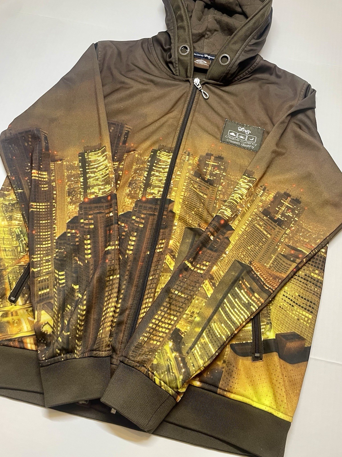 Vtg 2007 LRG Tokyo Skyline All Over Print Zip Hoodie Mens Medium Y2K Streetwear