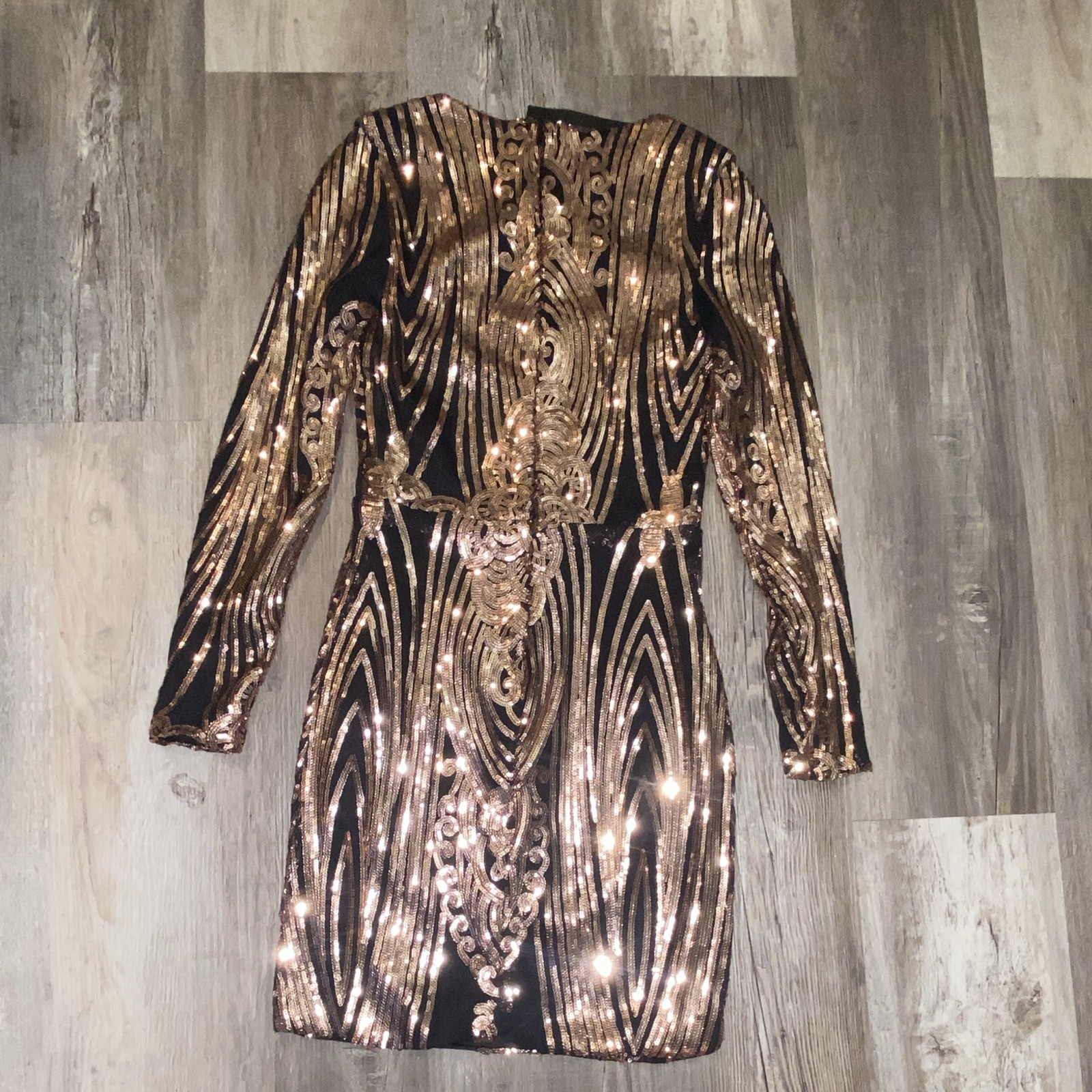 Missord Womens Black Gold Sequin Bodycon Mini Dress Long Sleeve Round Neck S