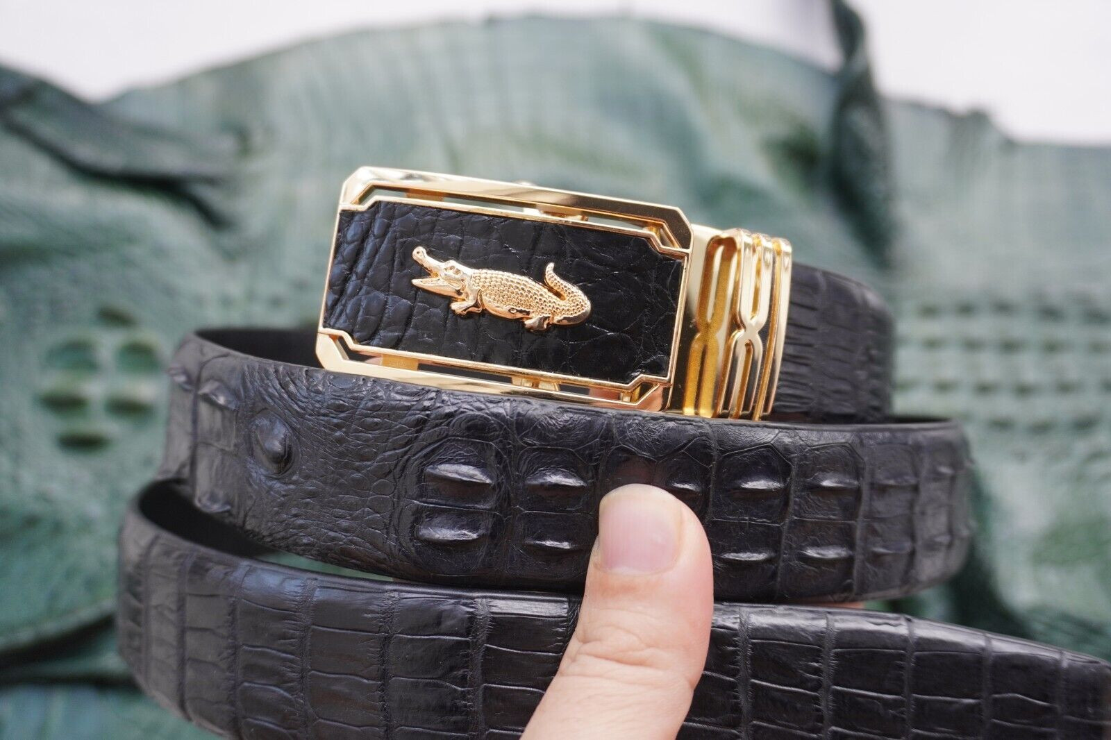 US Warehouse Black Genuine CROCODILE Hornback Belt Skin Leather Men’s – W 1.3 in