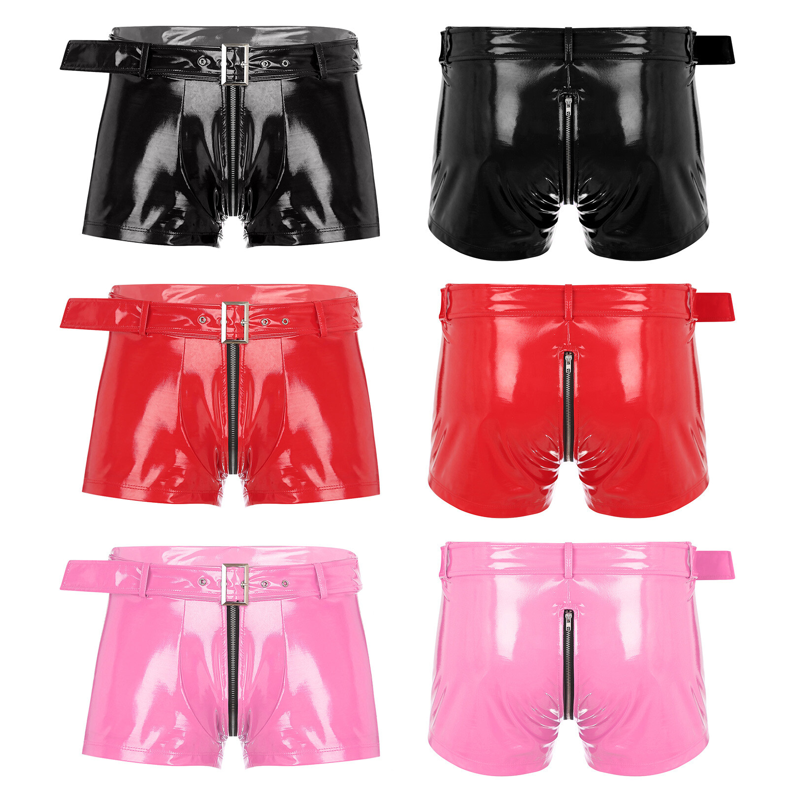 US Men’s Wet Look Latex PVC Leather Shorts Zipper Crotch Boxer Brief Clubwear