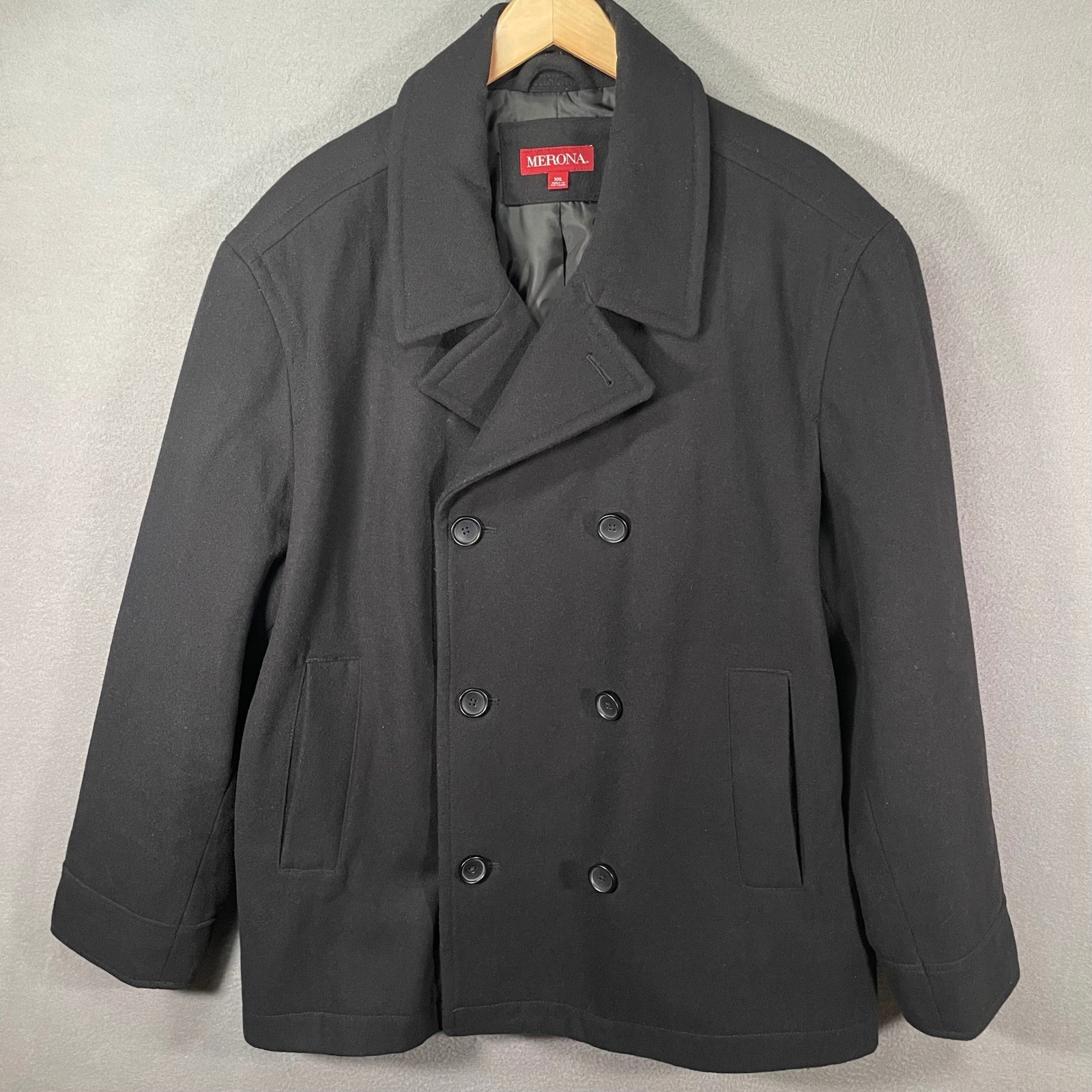 Merona Peacoat Mens XXL Black Wool Blend Double Breasted Jacket