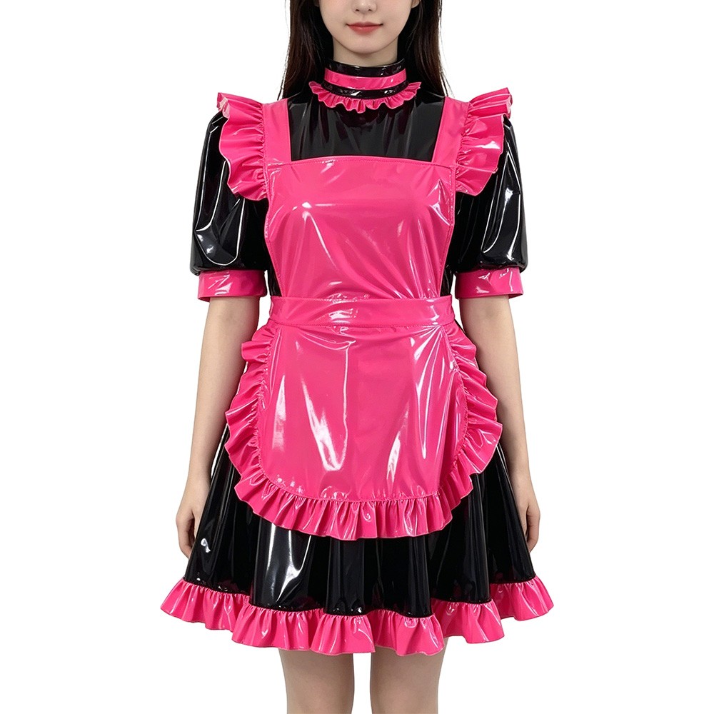 Shiny PVC Leather Anime Maid Uniforms Lockable Role Play Mini Pleated Maid Dress