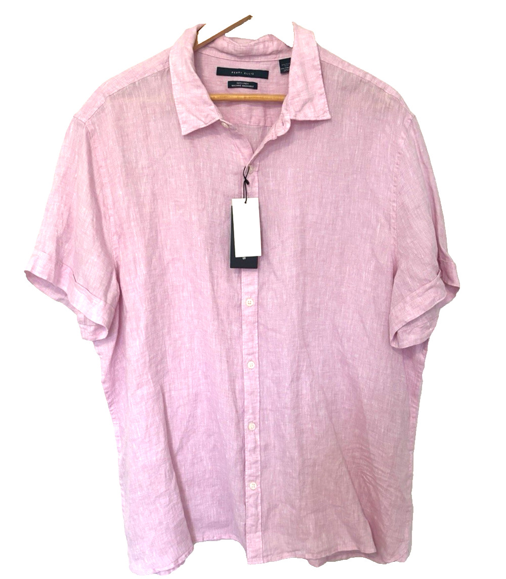 Perry Ellis Linen S/Sleeve Button Down Shirt Mens Size XXL NWT Pink Lavender