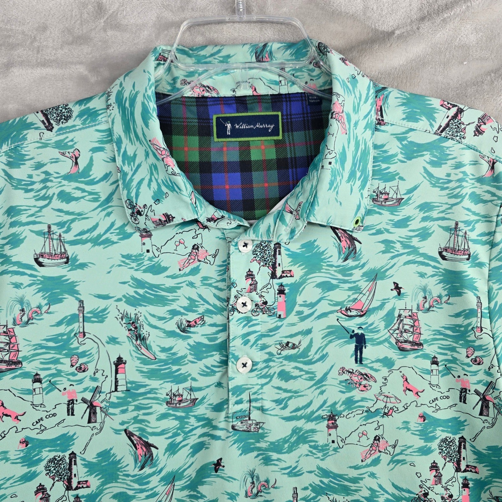 William Murray Large Cape Cod Mens Aqua Nautical Map Print Golf Polo Shirt EUC