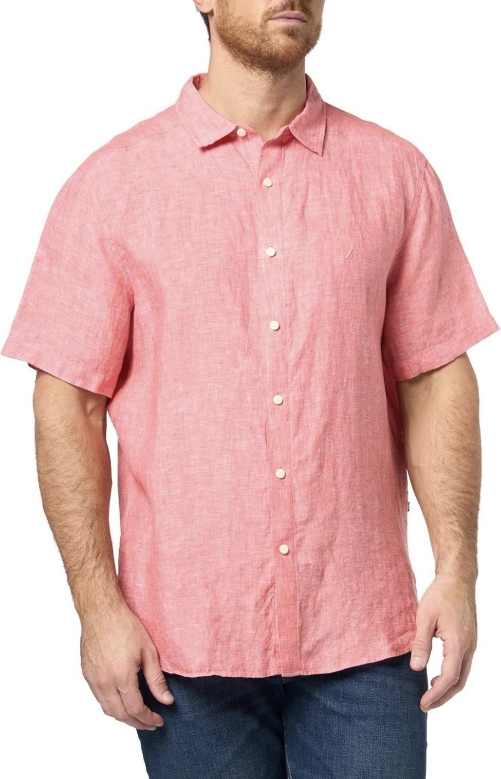 Nautica Men’s Short Sleeve Linen Shirt, Pink, US M