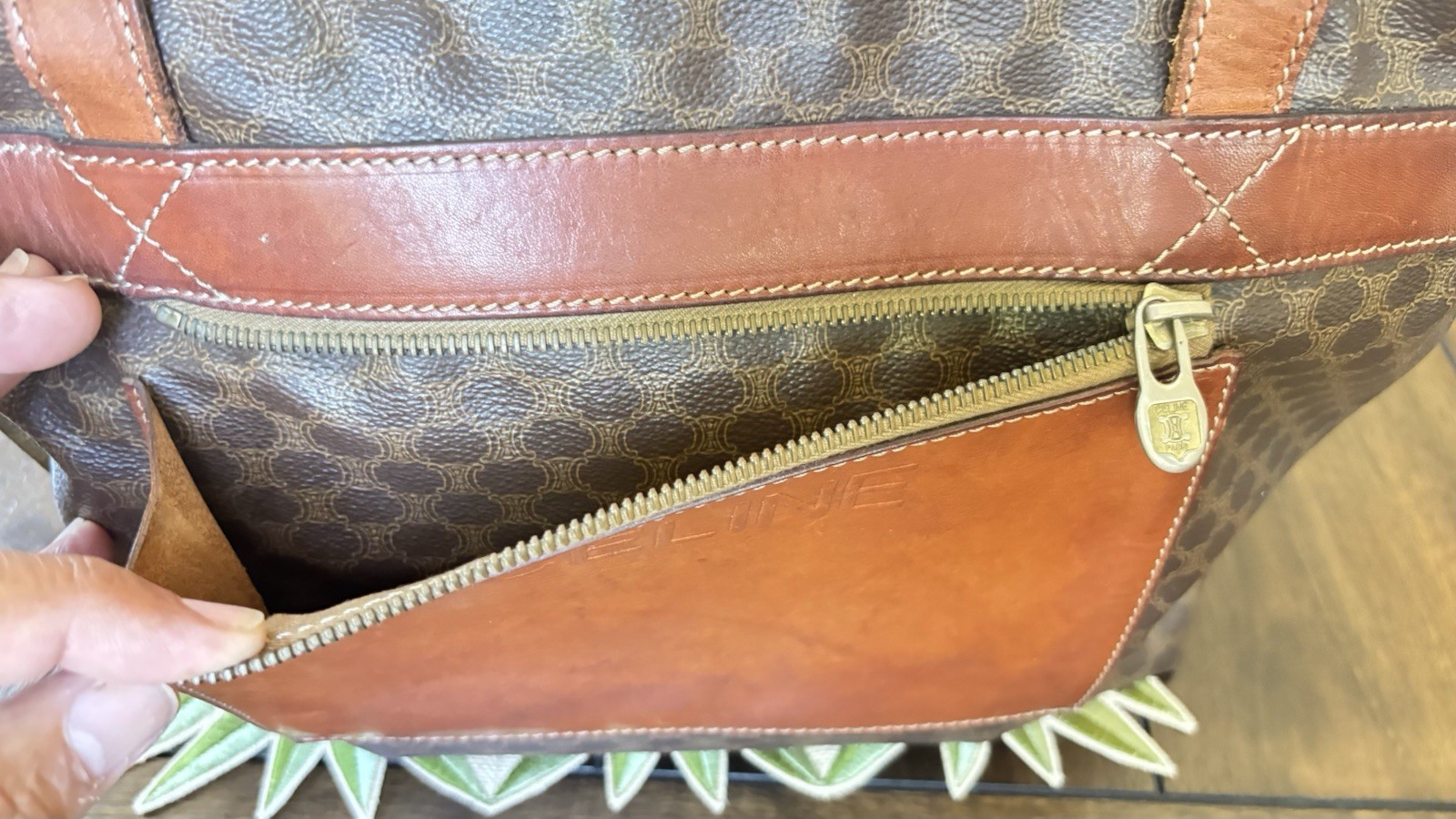 Authentic Celine Vintage Macadam Tote Brown Monogram Canvas Leather Italy Bag