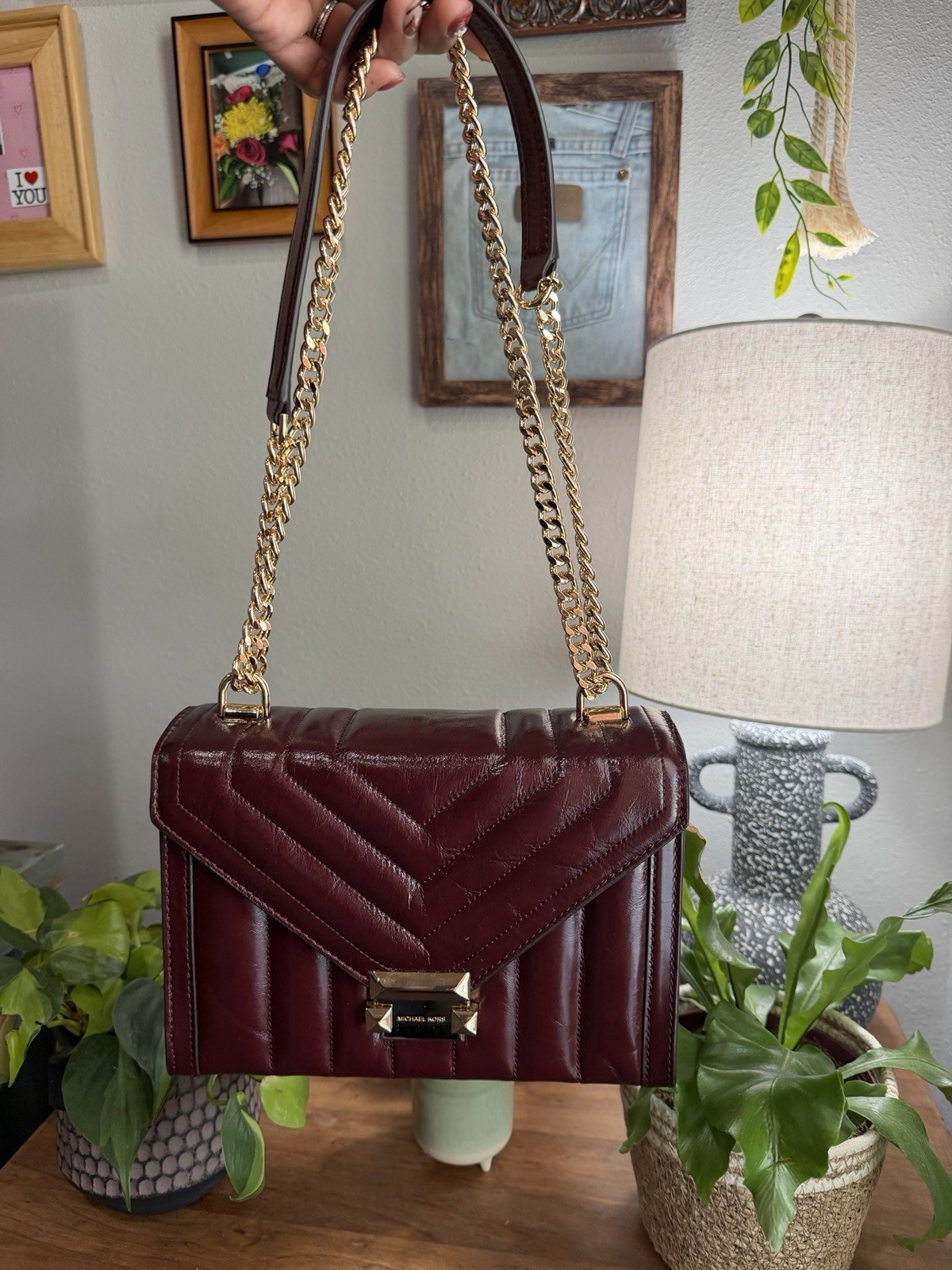 MICHAEL KORS WHITNEY MEDIUM CHAIN SHOULDER TOTE BAG QUILTED STRIPE OXBLOOD