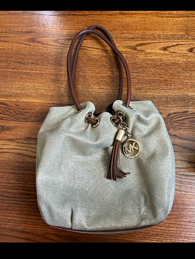 Michael Kors Medium Beige/Brown Ring Tote, Gold Hardware, Tassel Charm