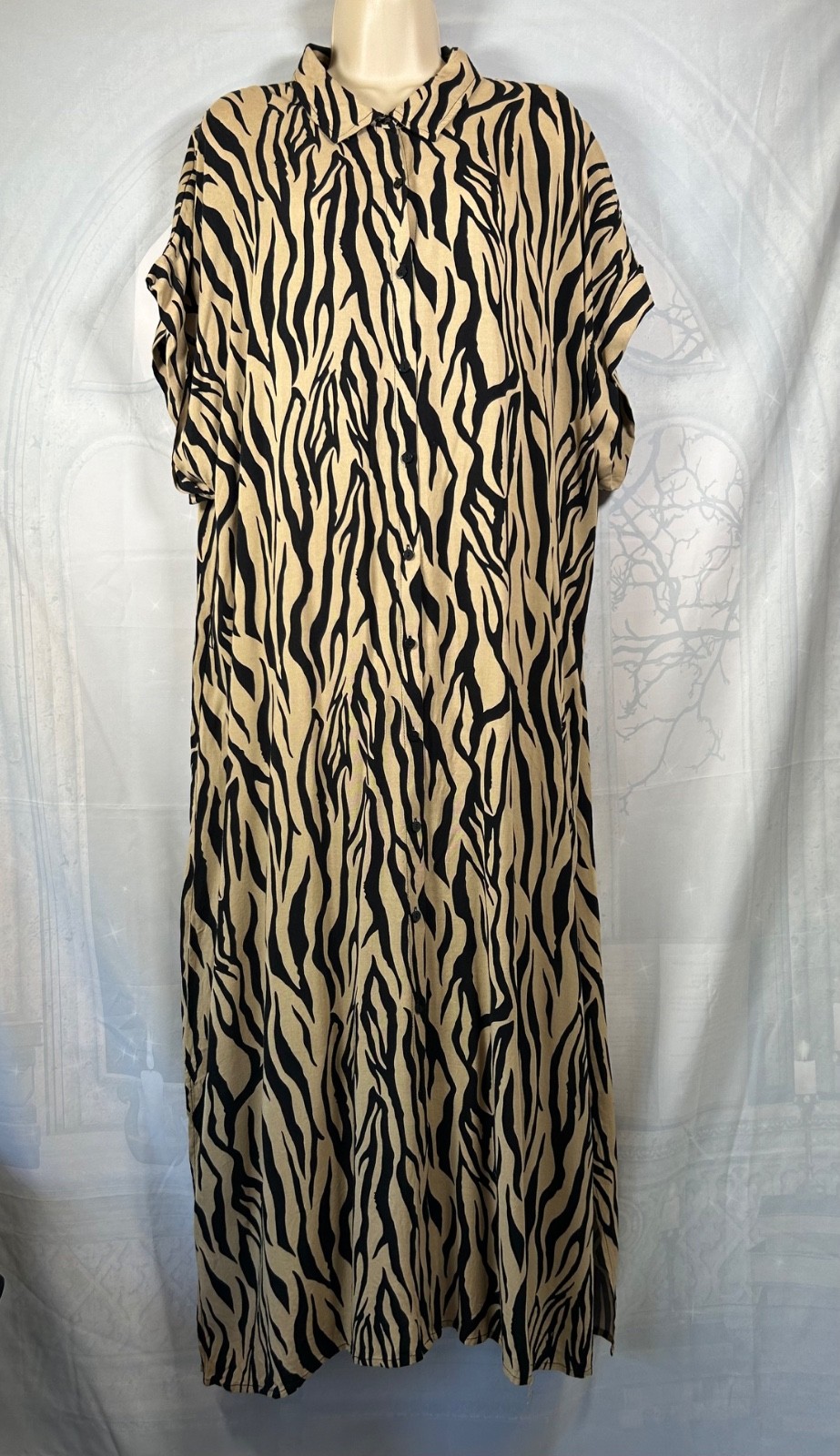 Peacocks black camel brown zebra cap-sleeve button-front maxi dress, 24