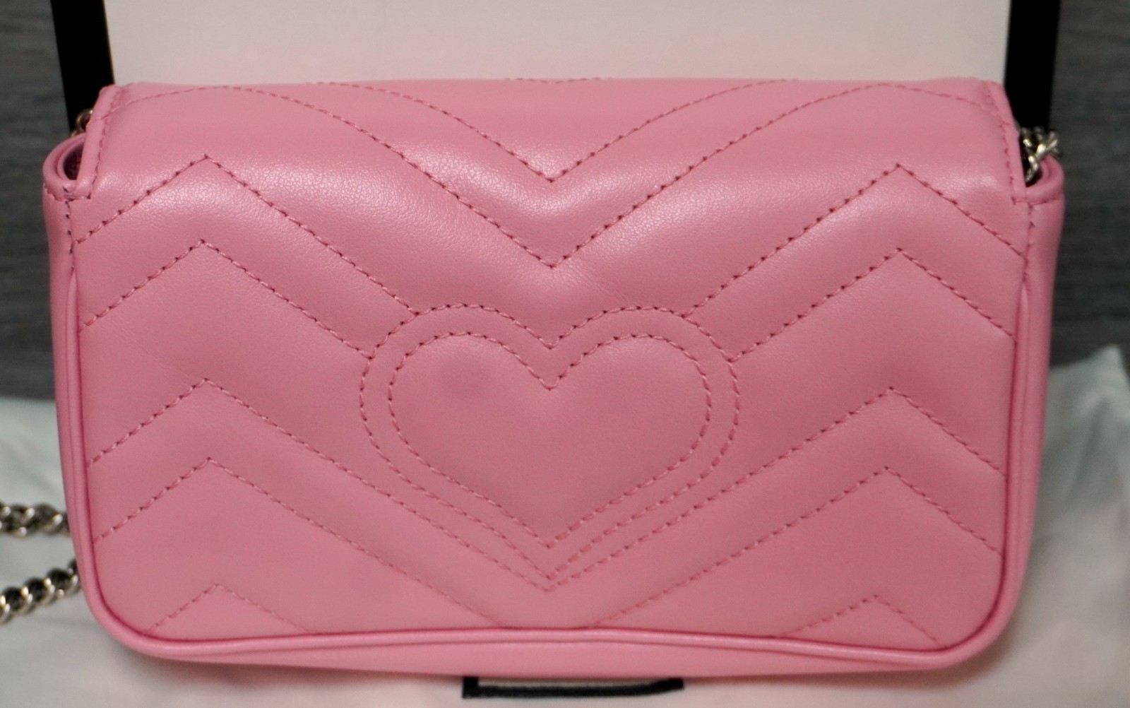 Brand New Gucci GG Marmont Super Mini Pink Matelasse Leather Crossbody Bag