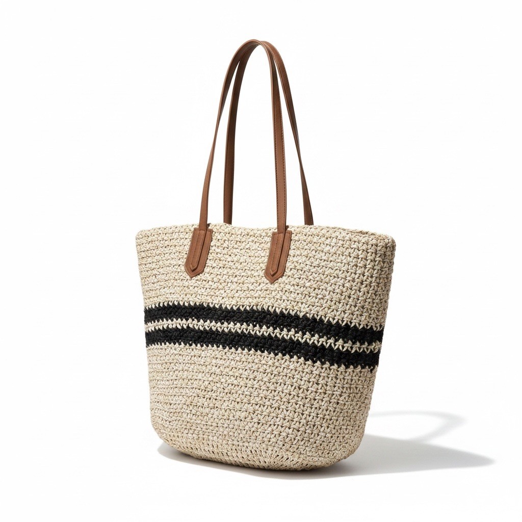 a.n.a Straw Tote Shoulder Bag Women Large Natural/ black stripe Beach Boho NWOT