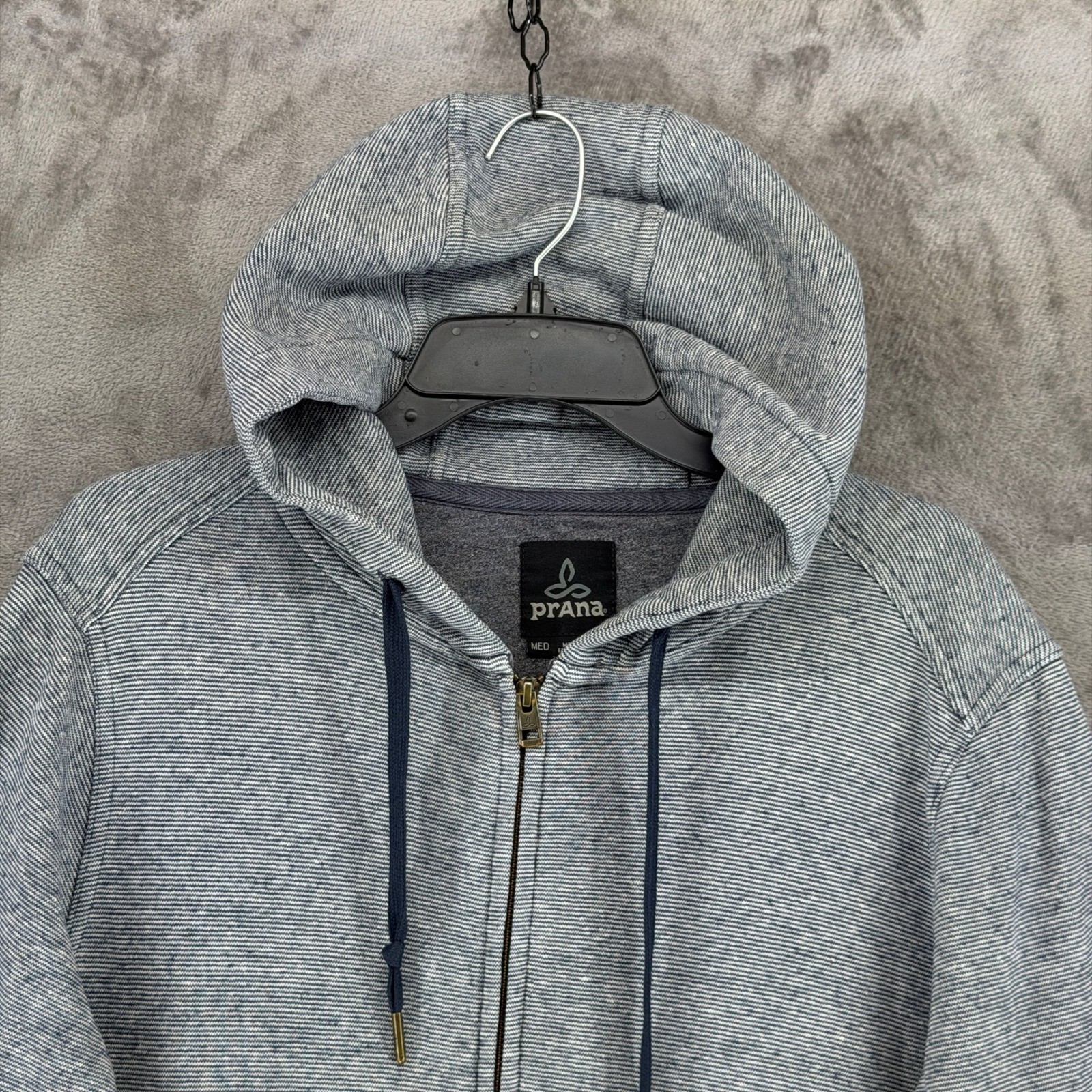 Prana Mens Full Zip Hoodie Blue White Striped Hemp Blend Medium Hooded Jacket