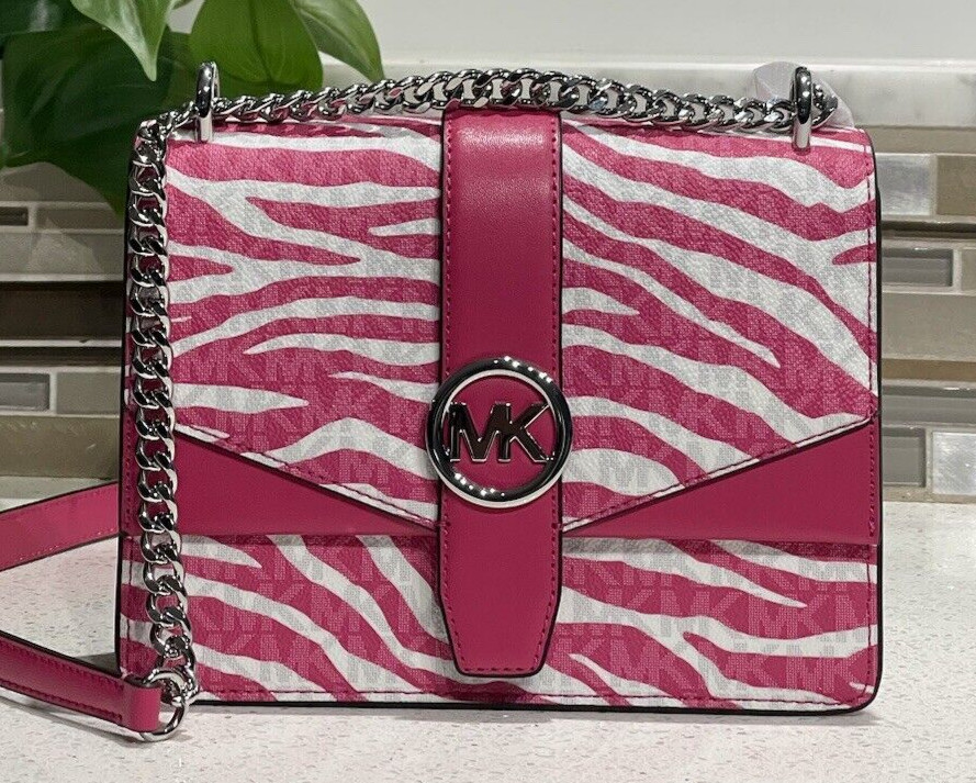 MICHAEL KORS GREENWICH SMALL FLAP CROSSBODY MK CHAIN BAG TOTE PINK ANIMAL ZEBRA