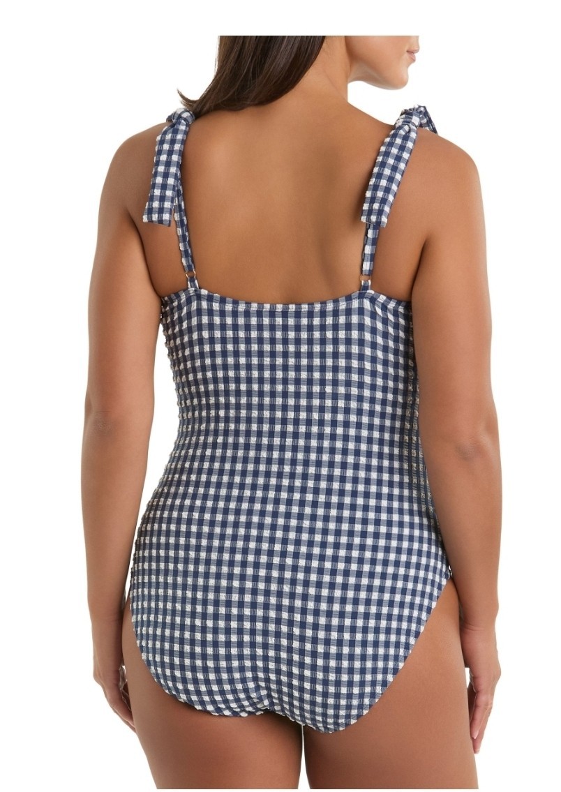 Ellen Tracy Womens 1-Piece Swimsuit Size M Navy Blue Gingham Checkered UP5-50+