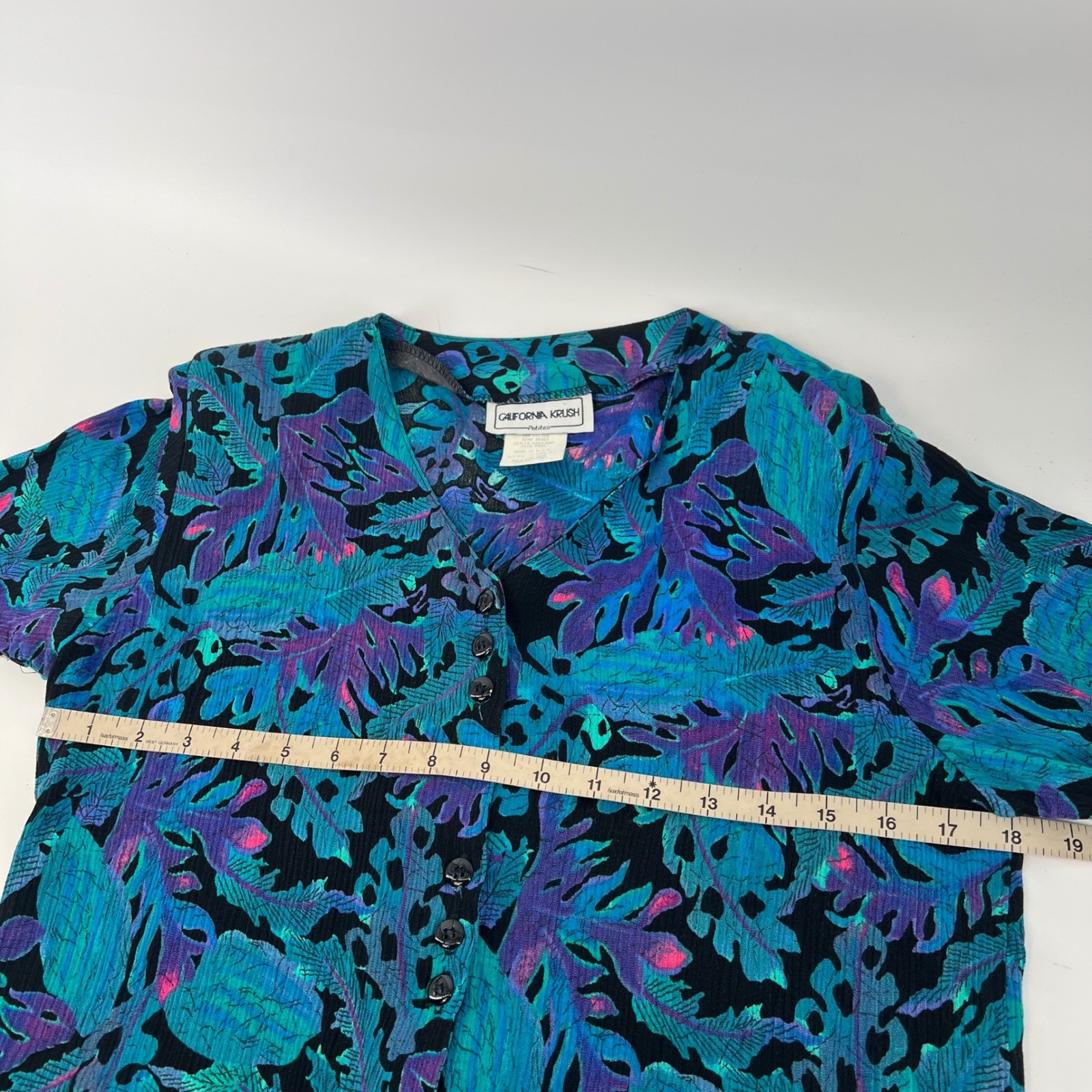 Vintage 90s California Krush Rayon Blouse Petite Tropical Floral Made USA Teal