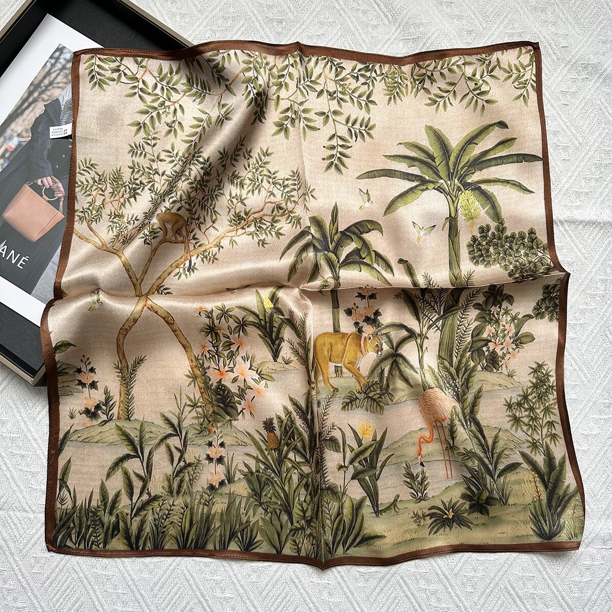 100% Silk 21” Scarfs For Women Lightweight Square Satin Wrap Forest Lion 53*53