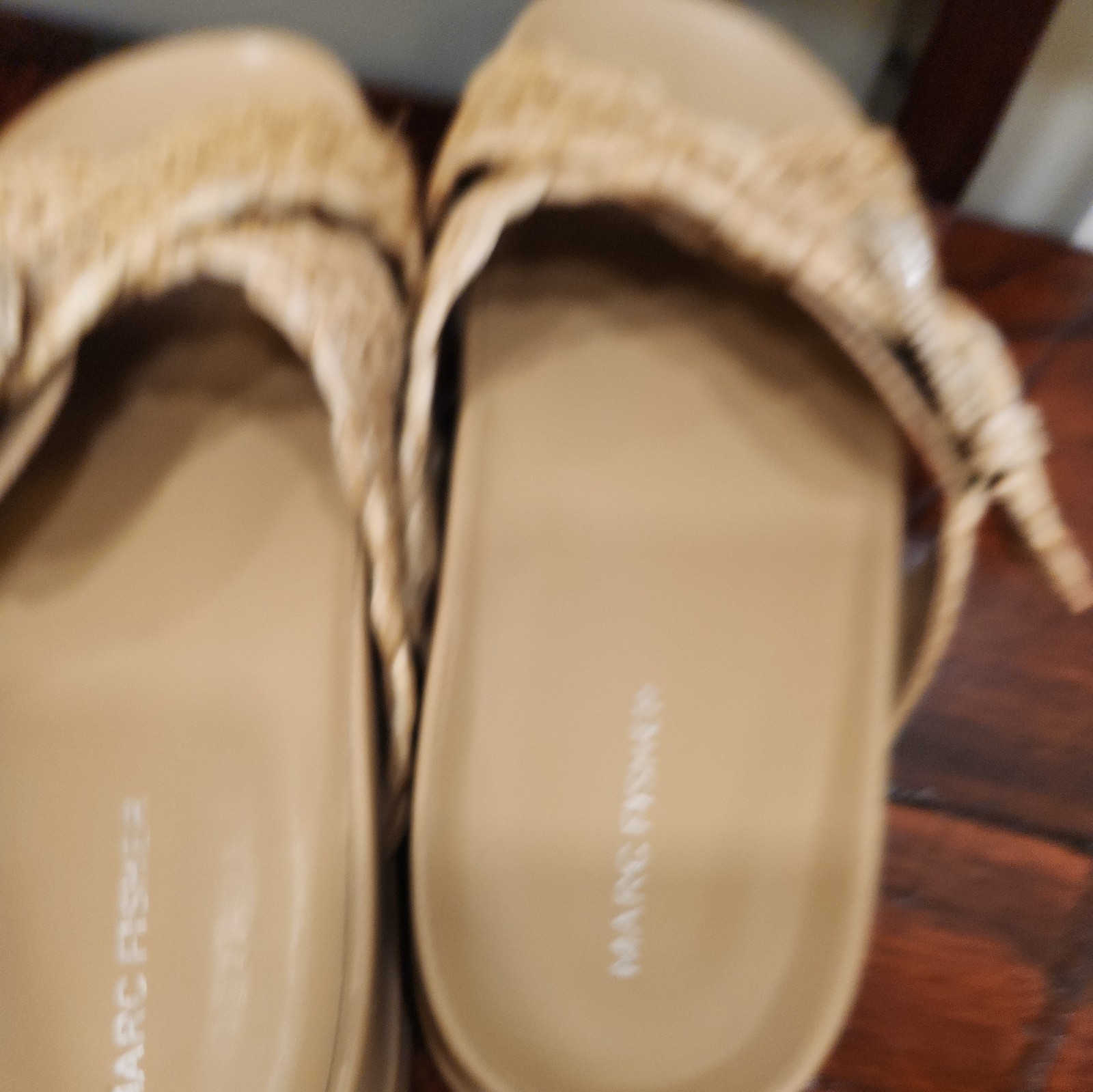 Marc Fisher Welti Sandals Slip On Slide Platform Wedge Tan Straw Buckle 8.5