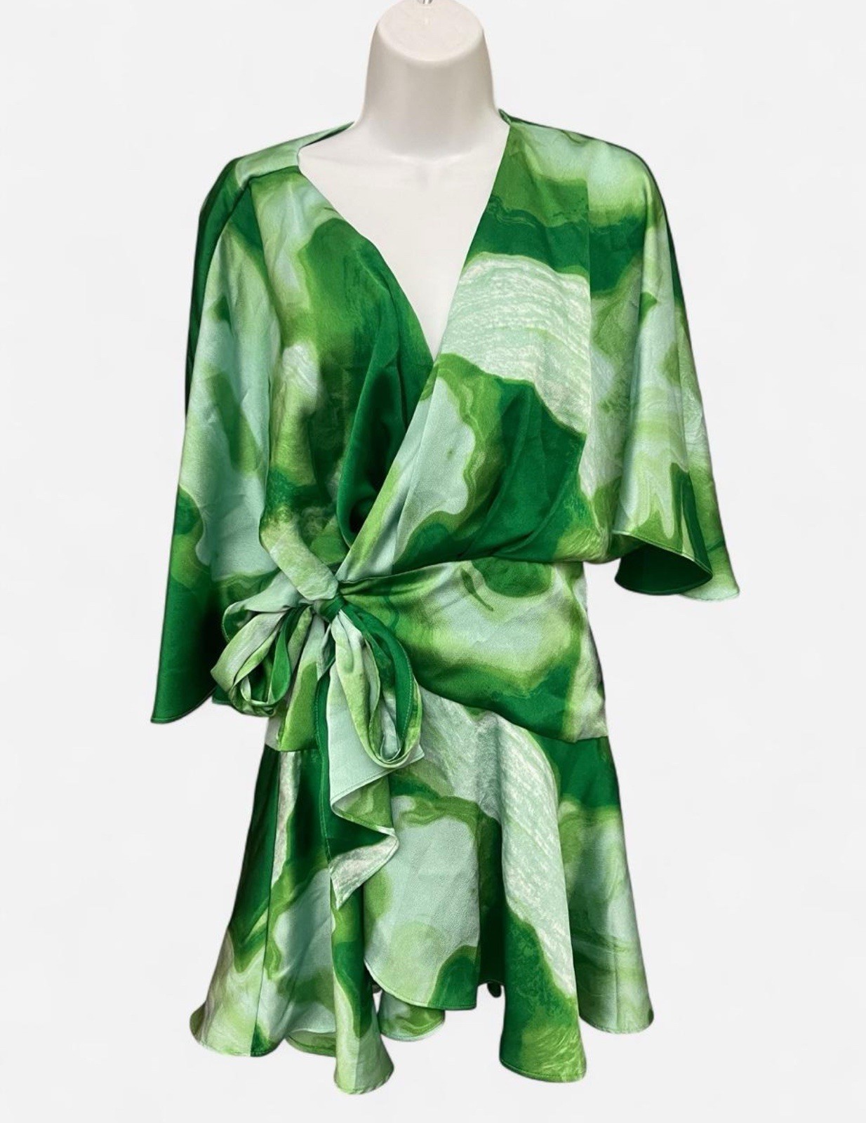 Luxxel Green Marble Wrap Dress – Women’s Elegant Flowy Tie-Waist Dress Size M