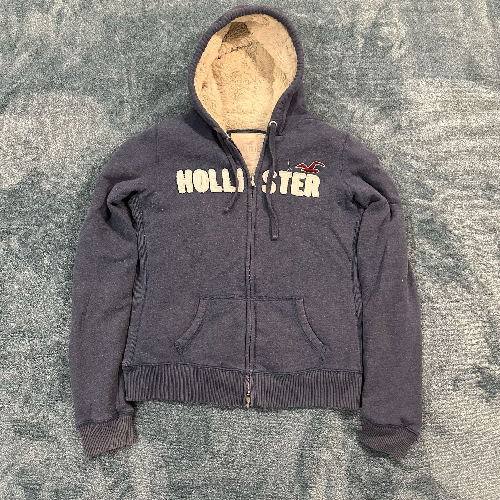 Y2K Hollister California Sherpa-Lined Full-Zip Hoodie Navy Blue Women’s Size XL