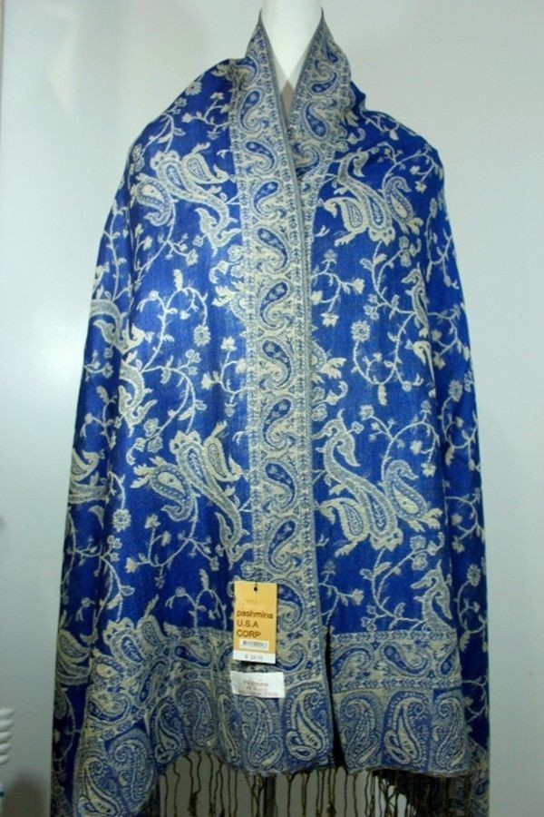 Women’s Pashmina Scarf Wrap Shawl Paisley Beige Turquoise Silk Cashmere