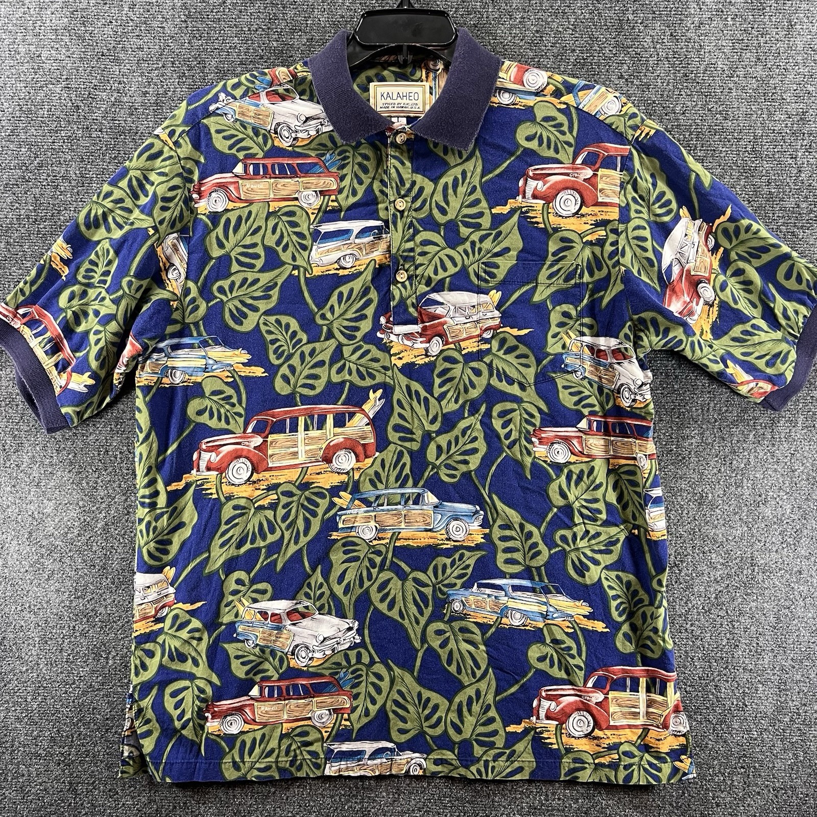 VTG 90s Kalaheo Hawaiian Aloha Classic Cars Shirt Mens Large Black Tropical Tiki