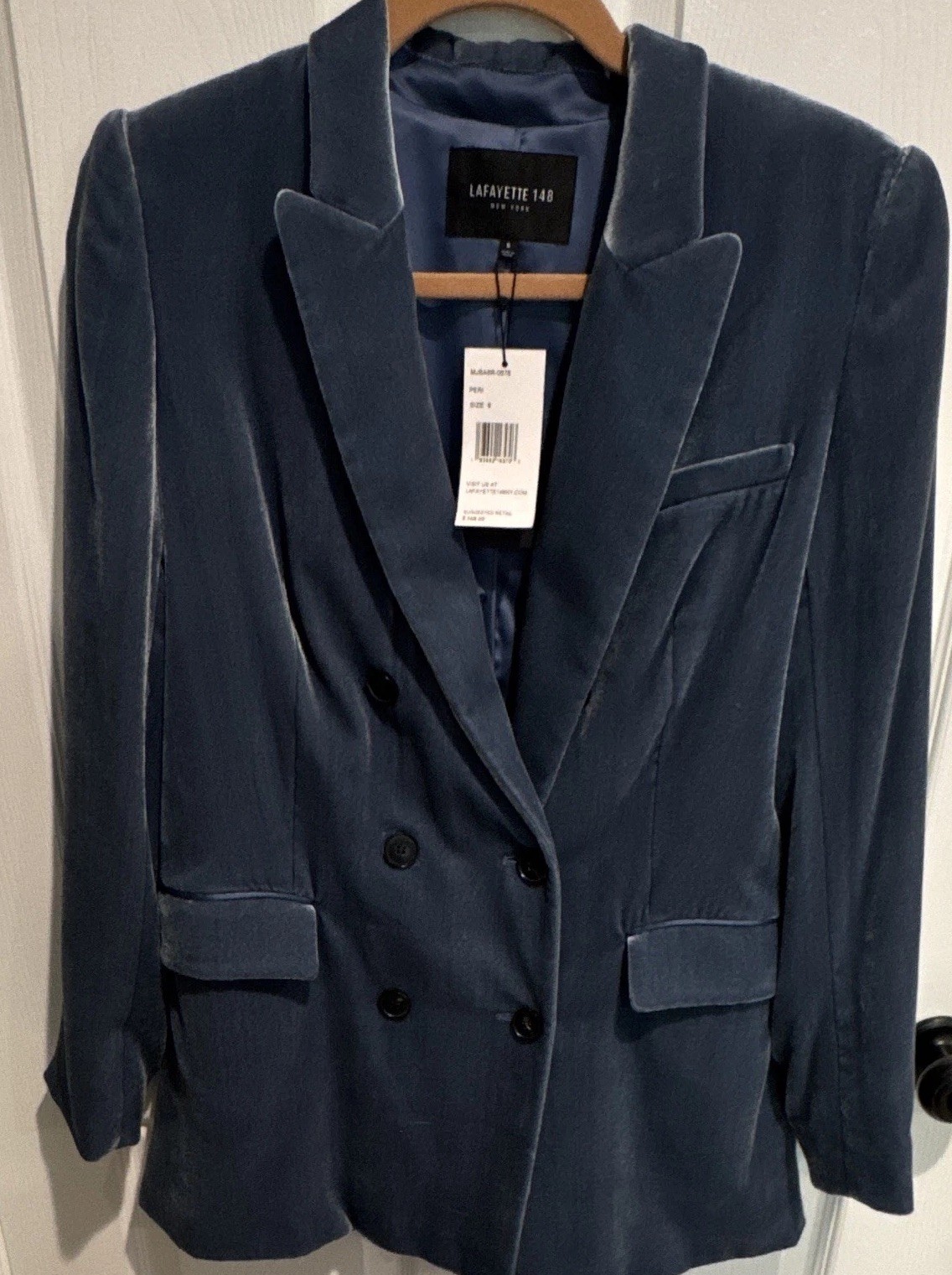 Lafayette 148 New York Peri Blue Velvet Double Breasted Blazer Sz 6 NWT $748