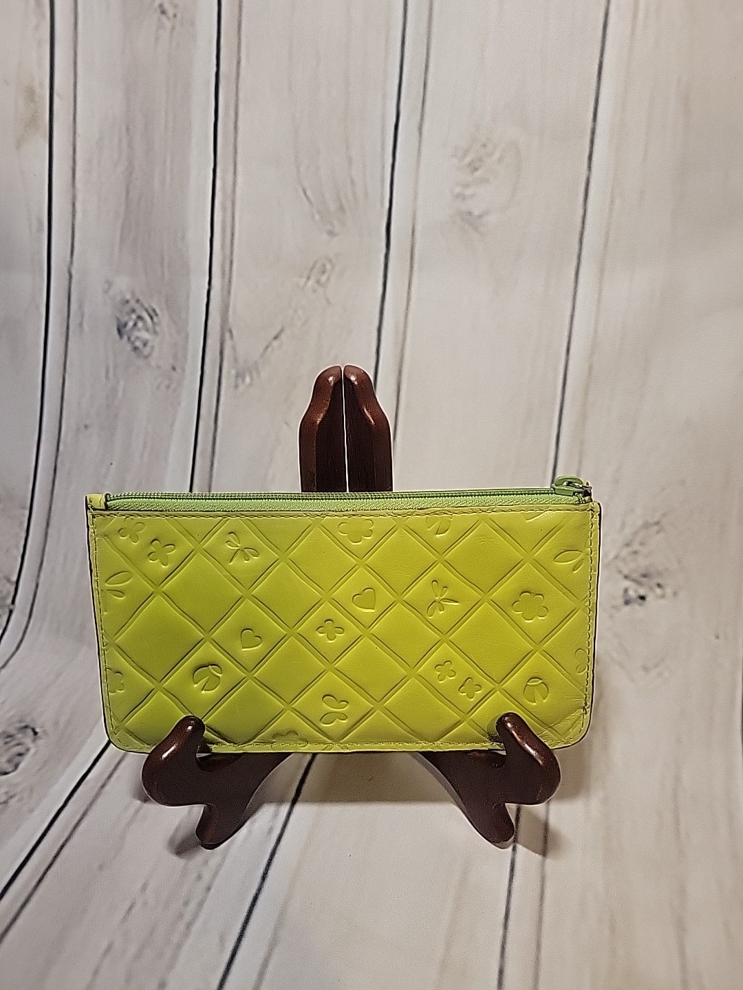 Brighton Spring Song Apple Green Leather Zipper Wallet Pouch EUC