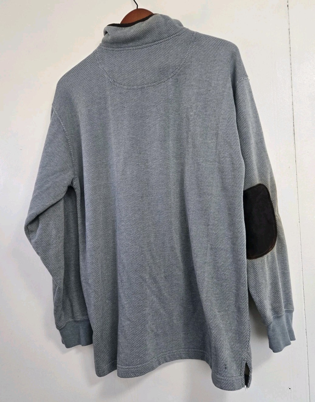 Orvis Sweater Mens Large Pullover 1/4 Zip Blue Grey Leather Elbow Pads Preppy