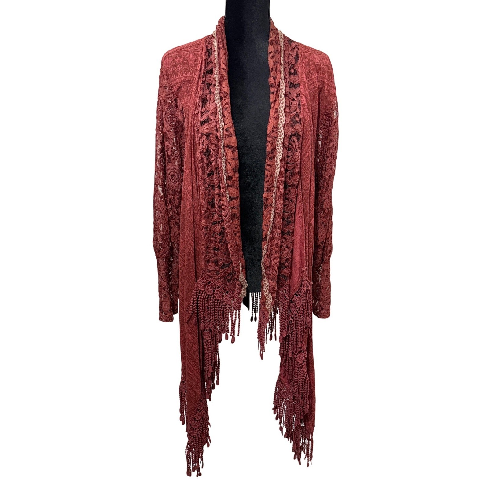 Pretty Angel Lace Fringe Cardigan Womens L/XL Rust Orange Boho Western Romantic
