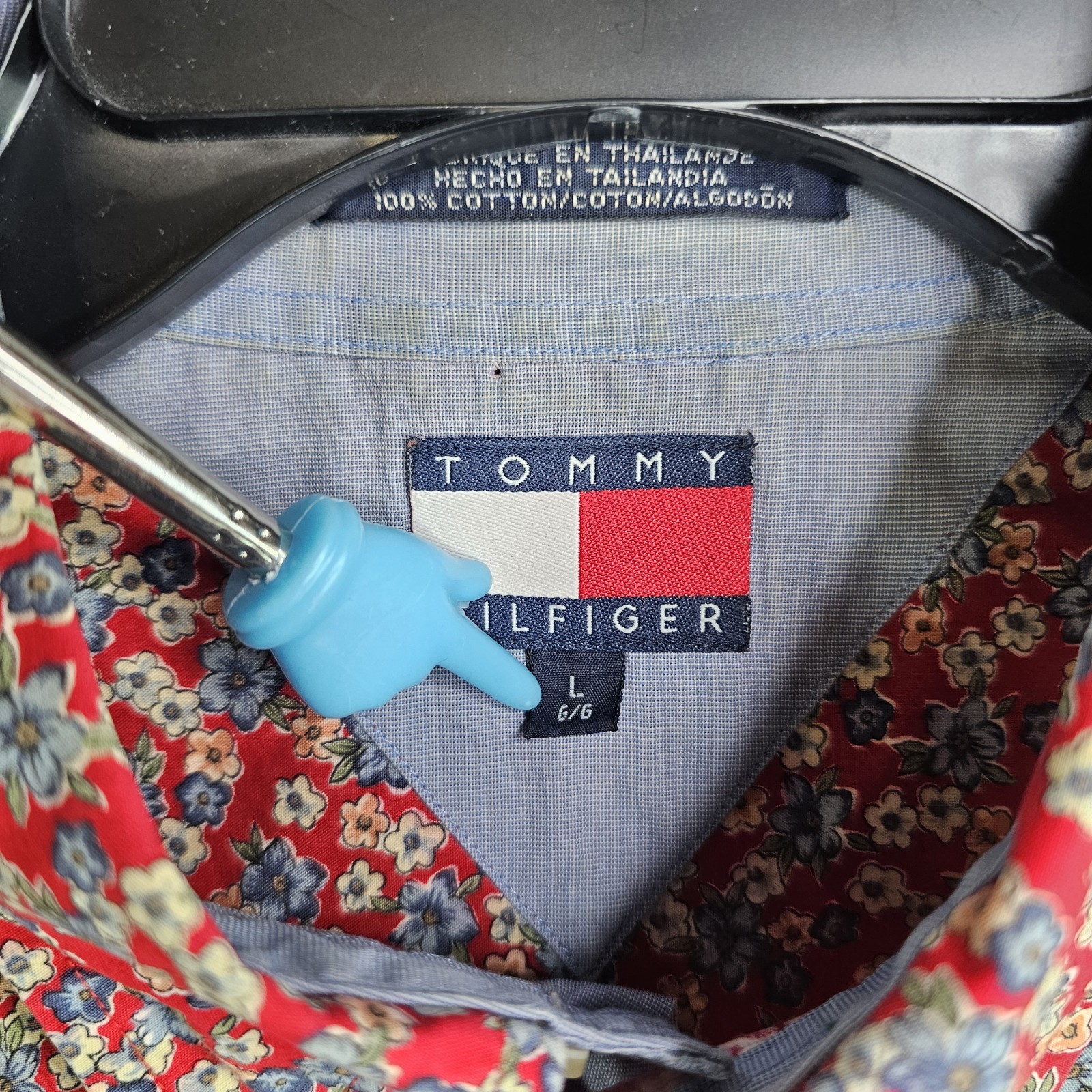 Tommy Hilfiger L Button Down Red White Blue Floral Vintage Hawaiian