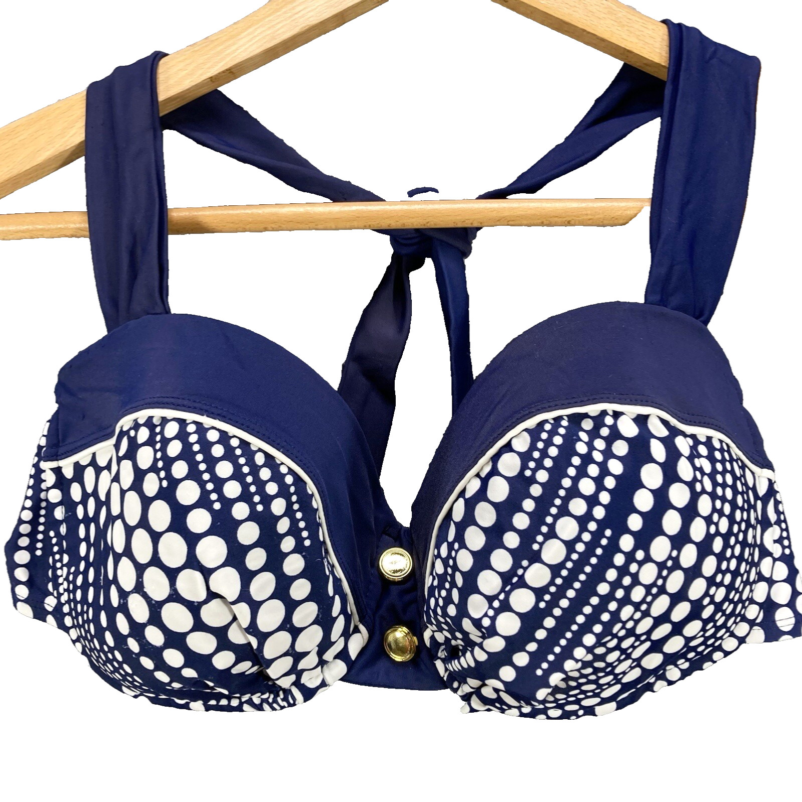 Catalina Nautical Retro Navy Gold Button Pin Up Stripe Bikini Top Women L 36C 38