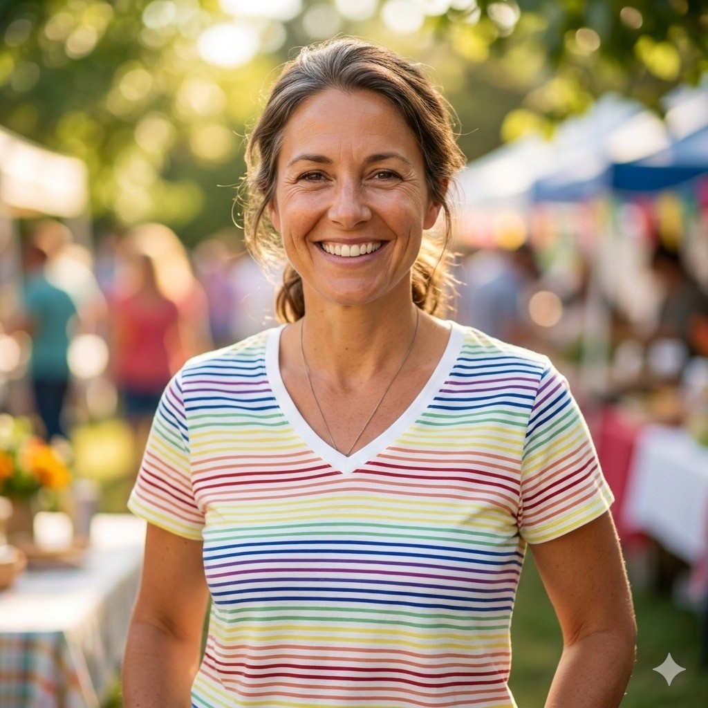 Lands’ End Women’s S Rainbow Striped V-Neck Cotton T-Shirt Multicolor 411453