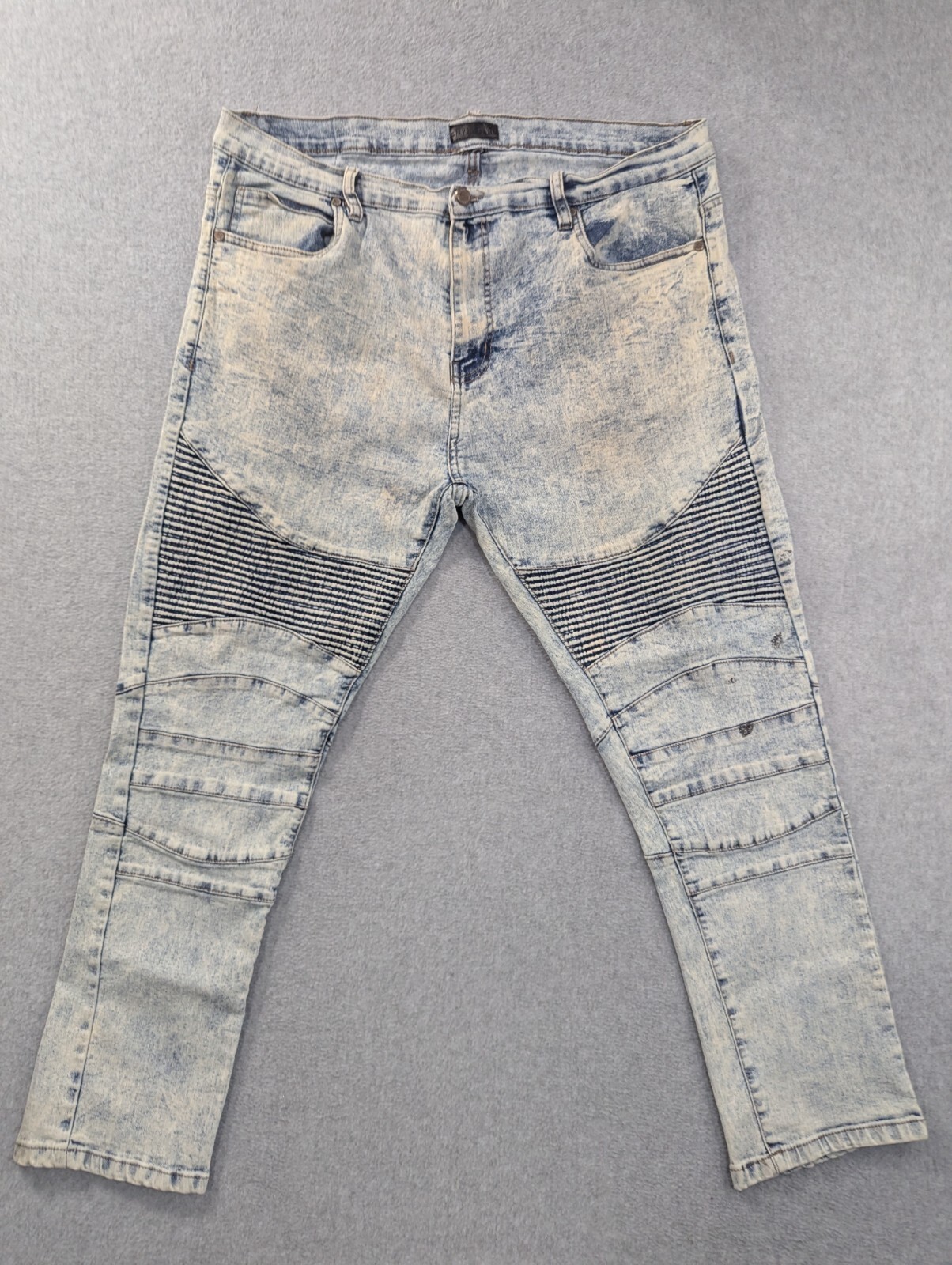 Steves Jeans Mens SZ 36×30 Blue Moto Tapered Crafted Knee Acid Wash Stretch