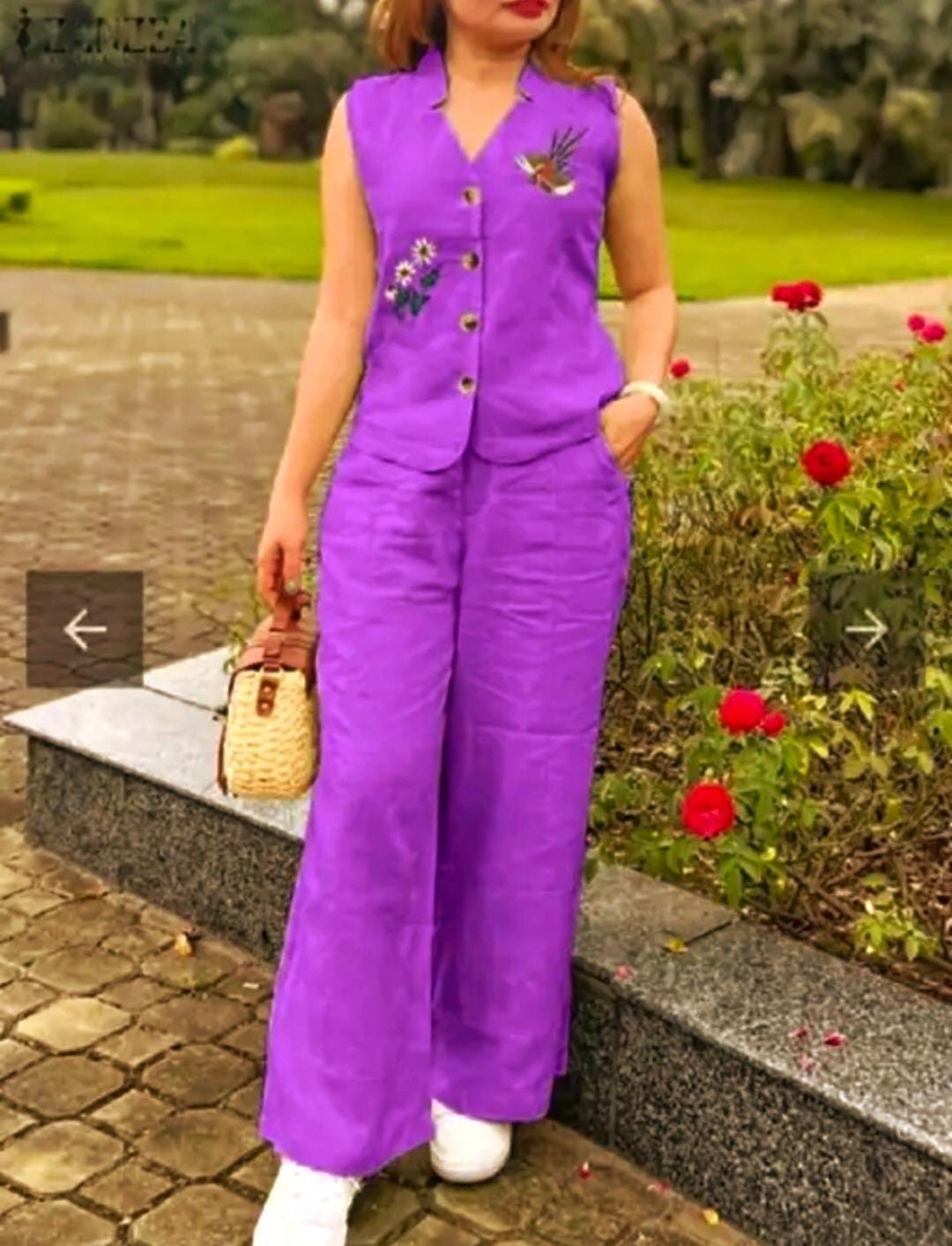 Women Cotton Co-Ord Set Sleeveless Shirt Collar Top & Pants Set
