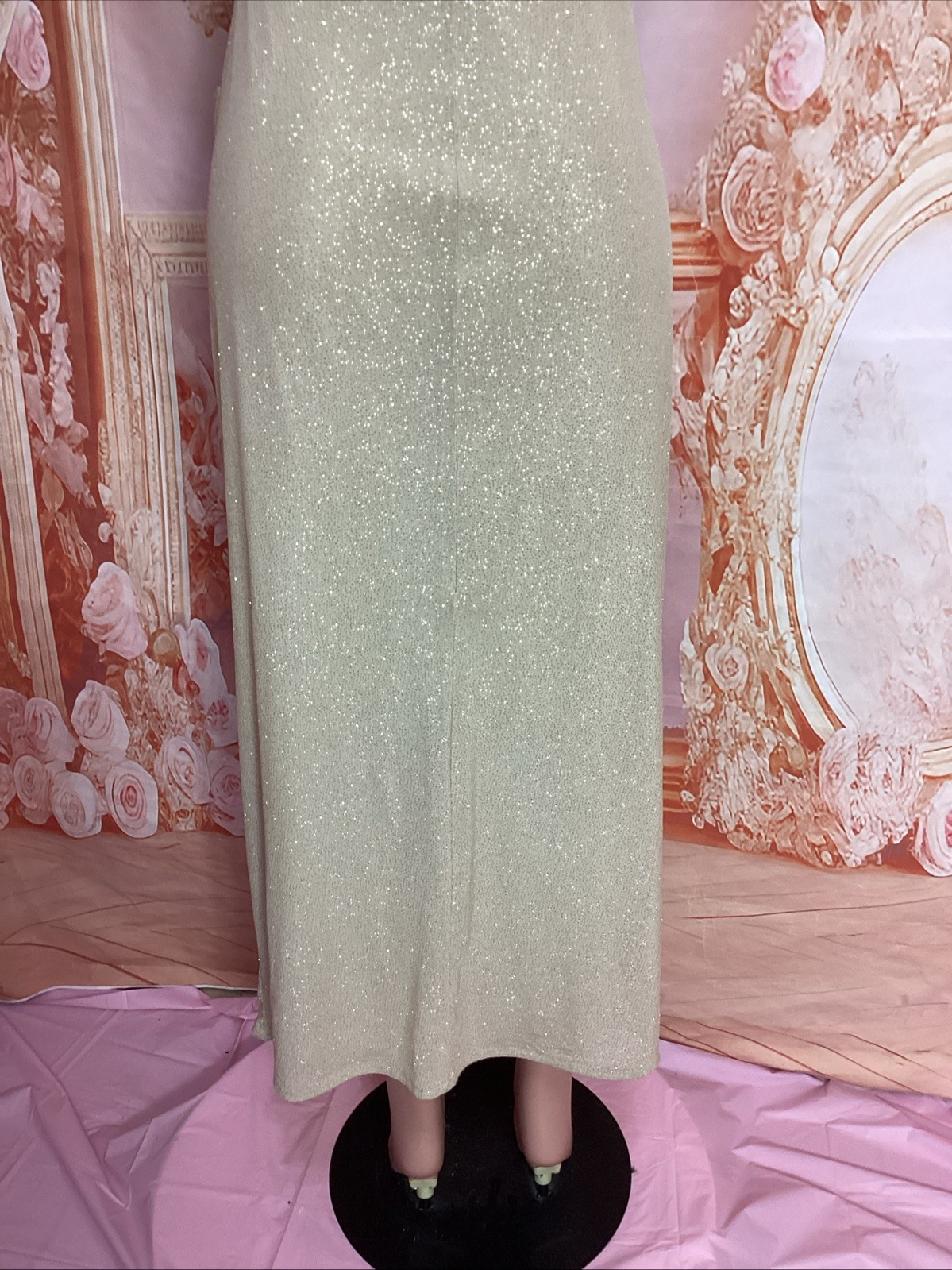 Candalite Champagne Sparkly Metallic Off Shoulder Cruise Prom Formal Gown L