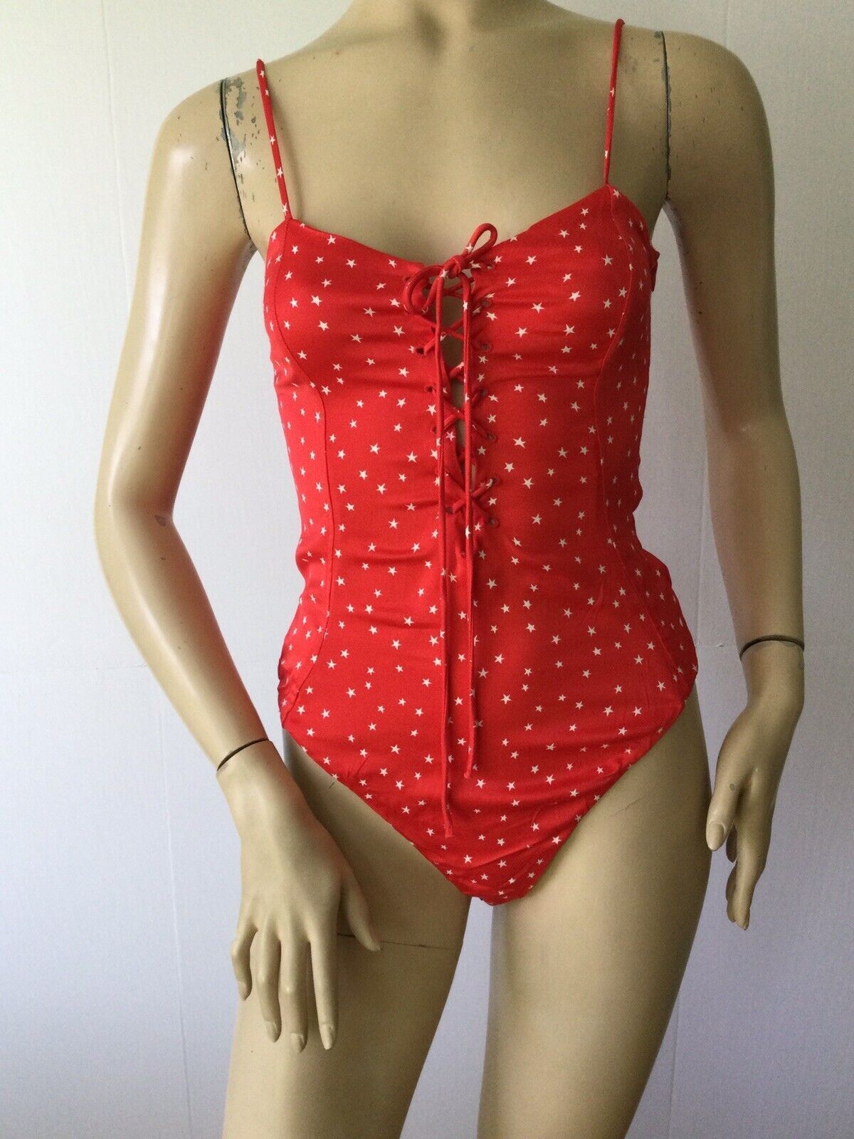 NEW ZARA Red & White Star Lace Up Snap Crotch Bodysuit (Size XS)