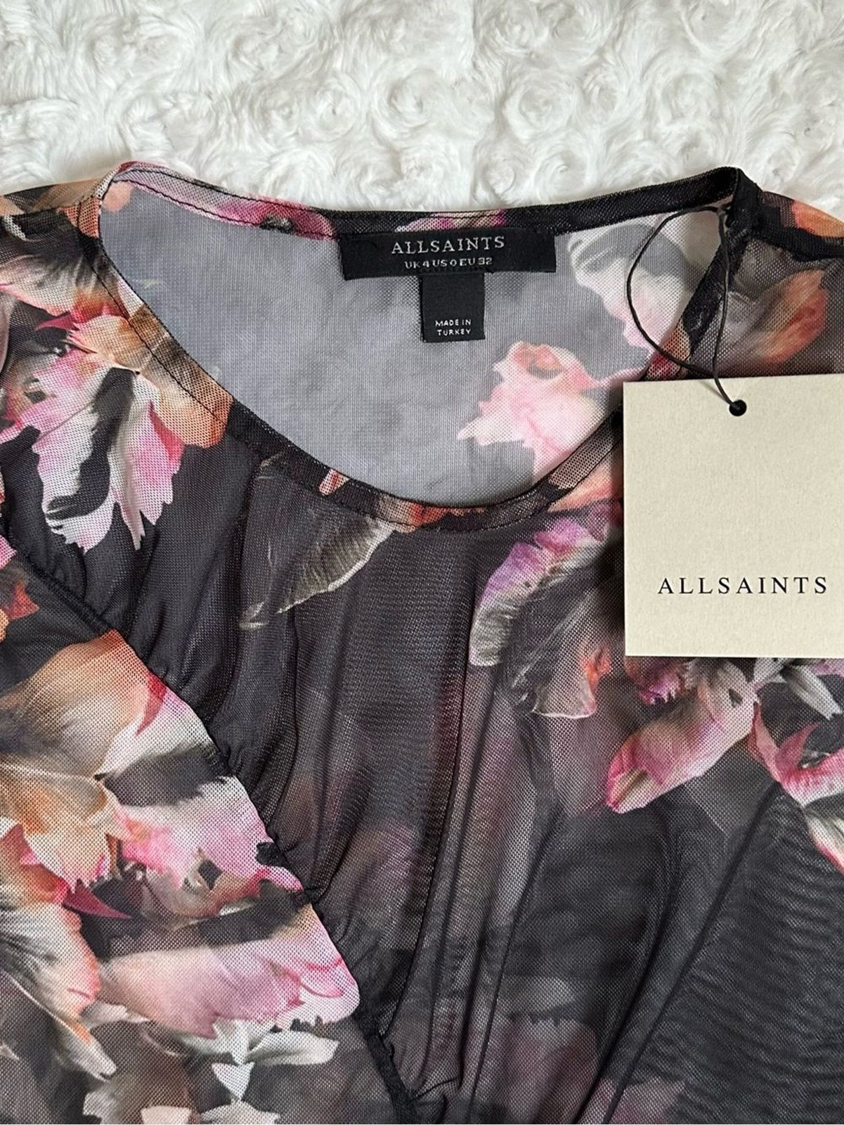 AllSaints Floral Mesh Ruched Top NWT XS Sheer Long Sleeve