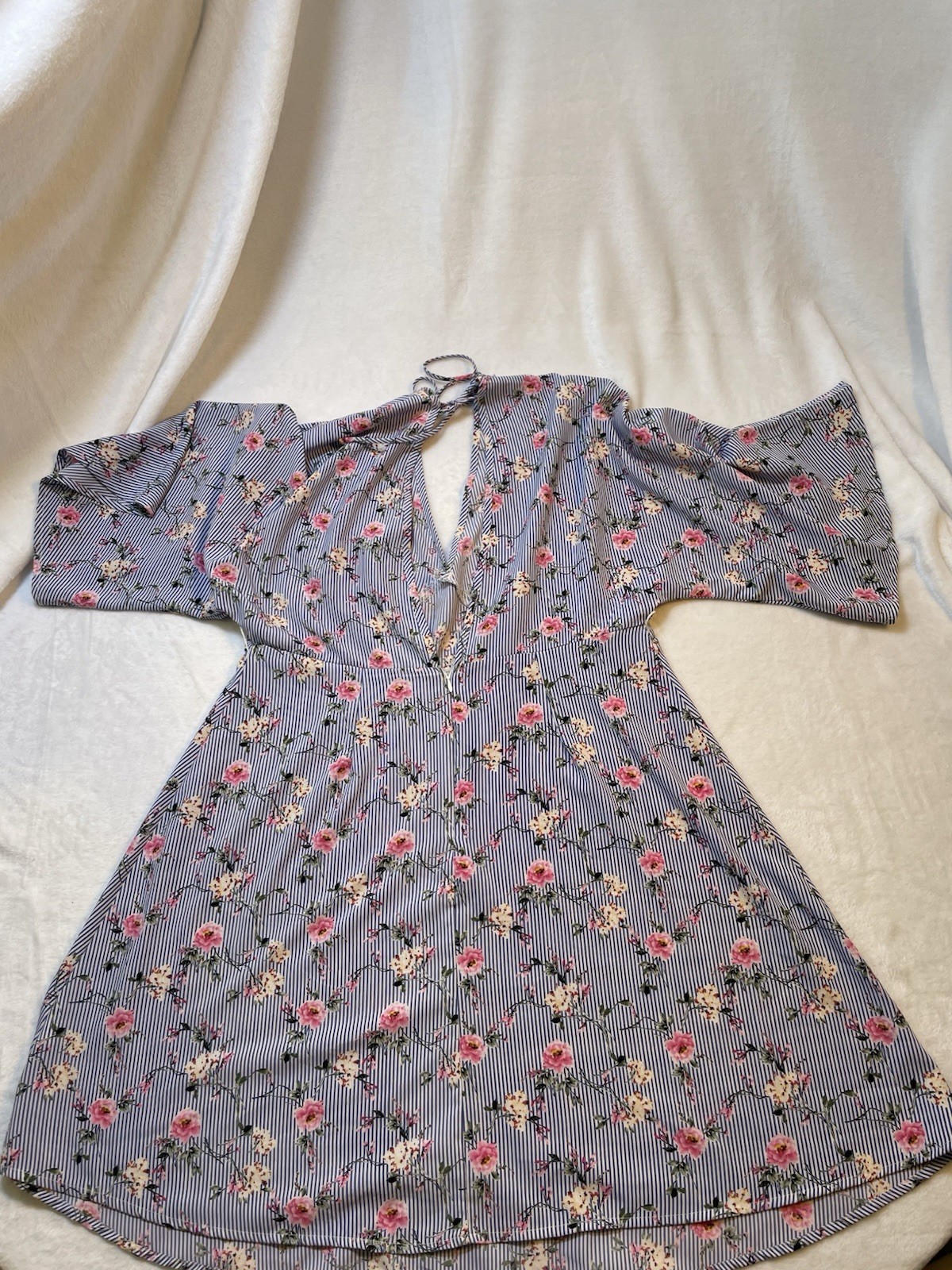 FairyCore Tresics Luxe L Pink Blue White Pin Stripe Dress Floral VNeck Back Tie
